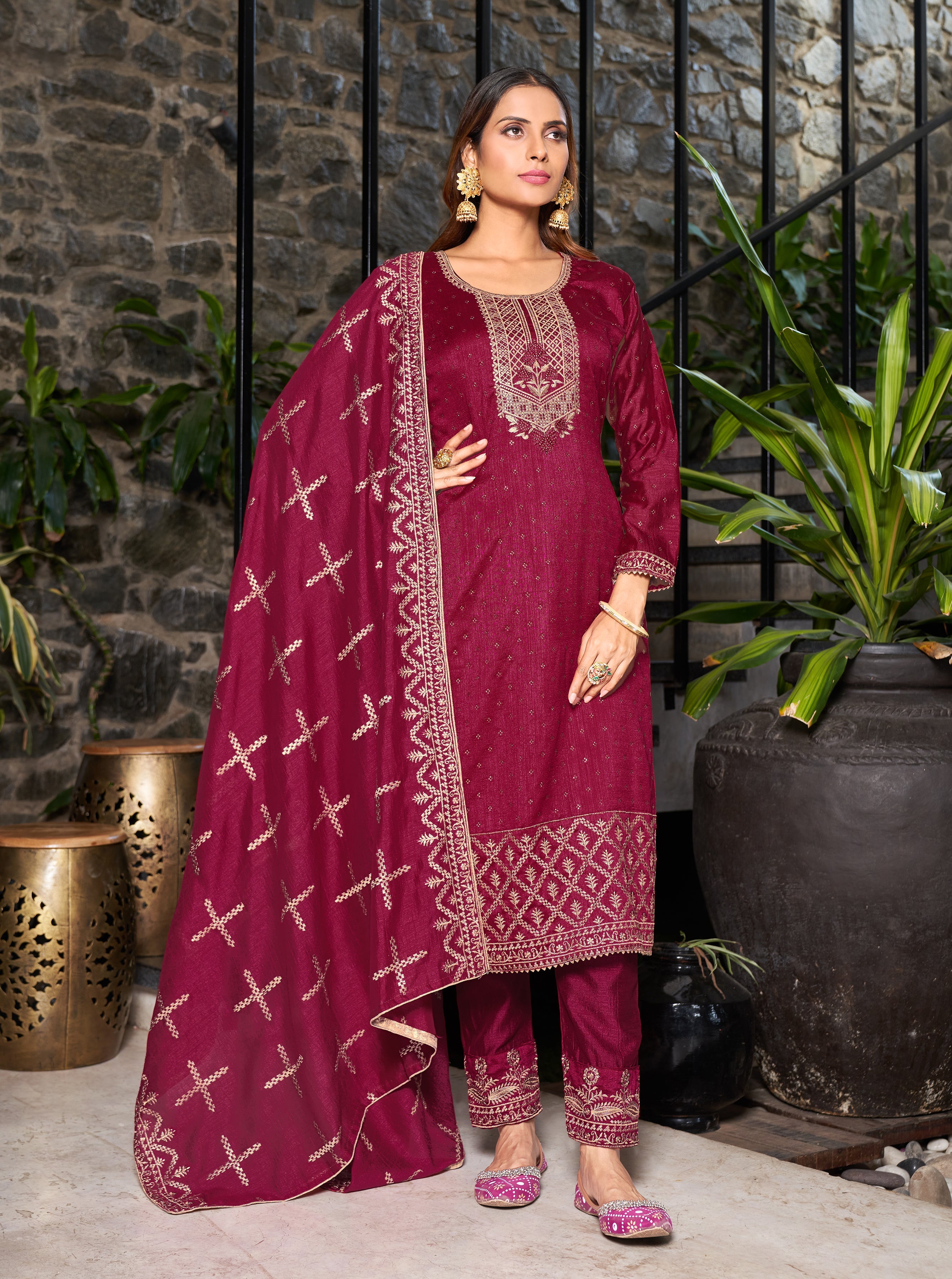 Blooming Vichitra Pink Salwar Suit with Diamond Embroidery - Perfect for Parties and Weddings!