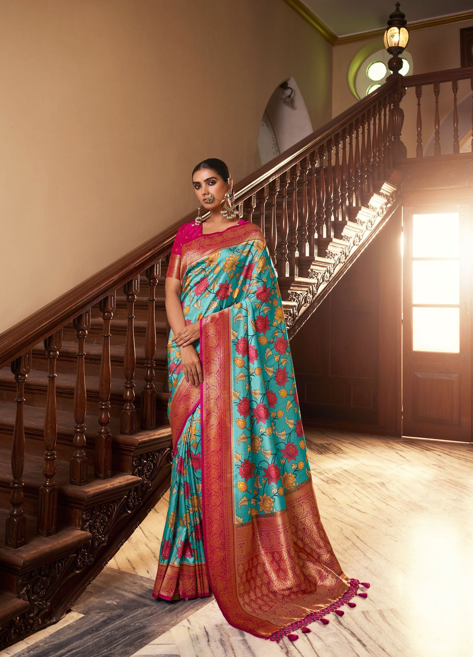 Elegant Teal Tea-Colored Saree: Luxurious Soft Silk for Weddings & Parties