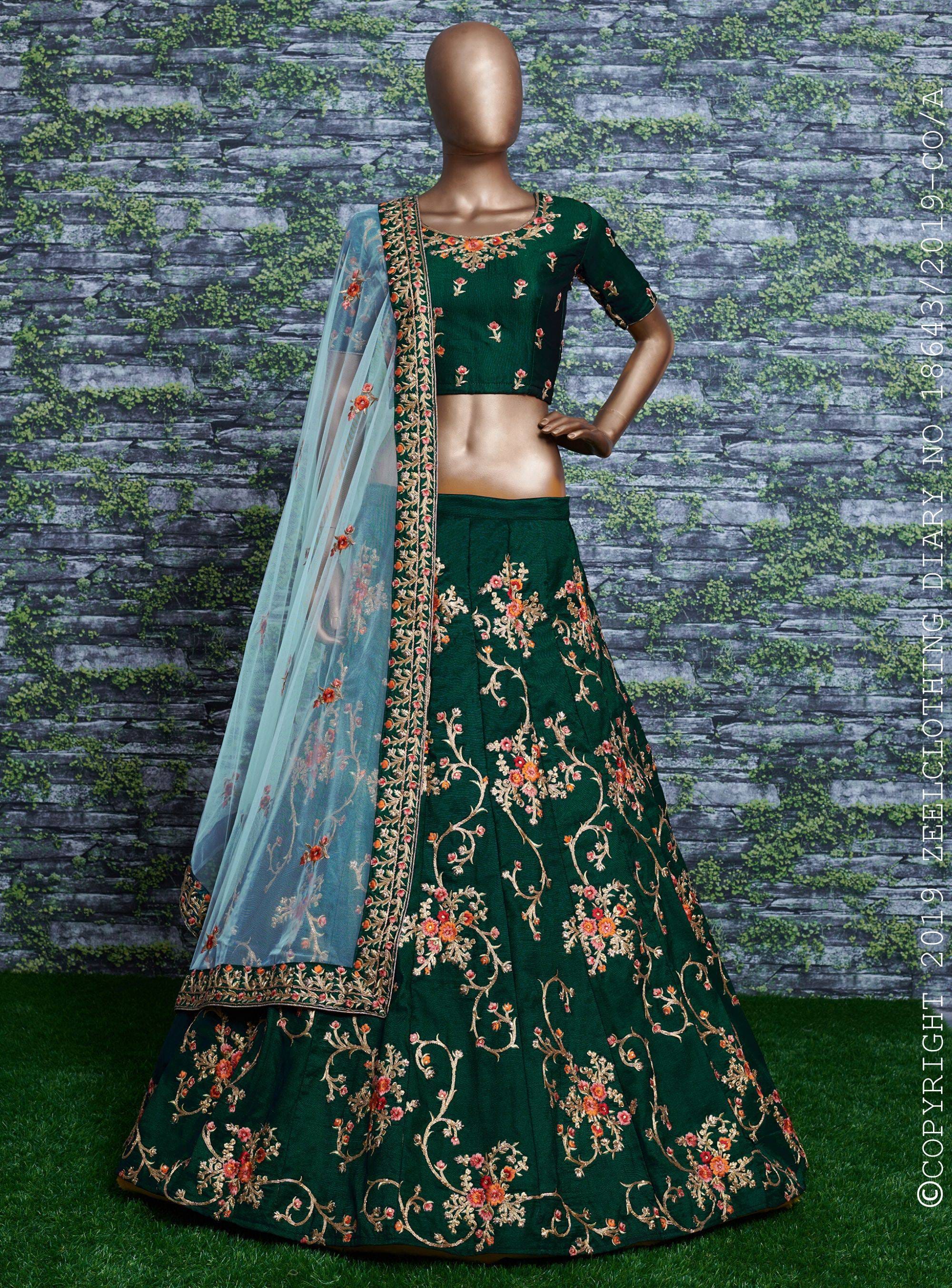 Enchanting Green Taffeta Silk Lehenga Choli with Dori, Zari, Sequins, and Diamond Embroidery