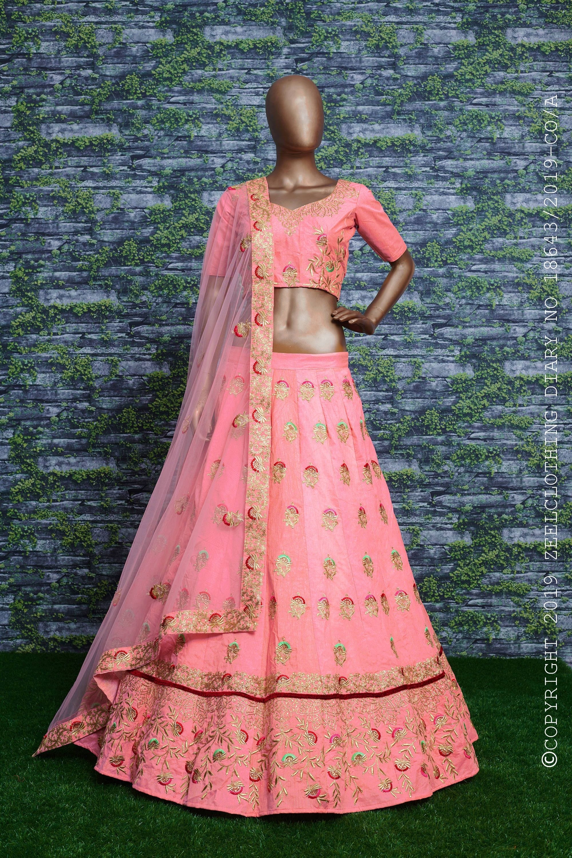 Babypink Taffeta Silk Lehenga Choli adorned with Dori, Zari, Sequins, and Diamonds