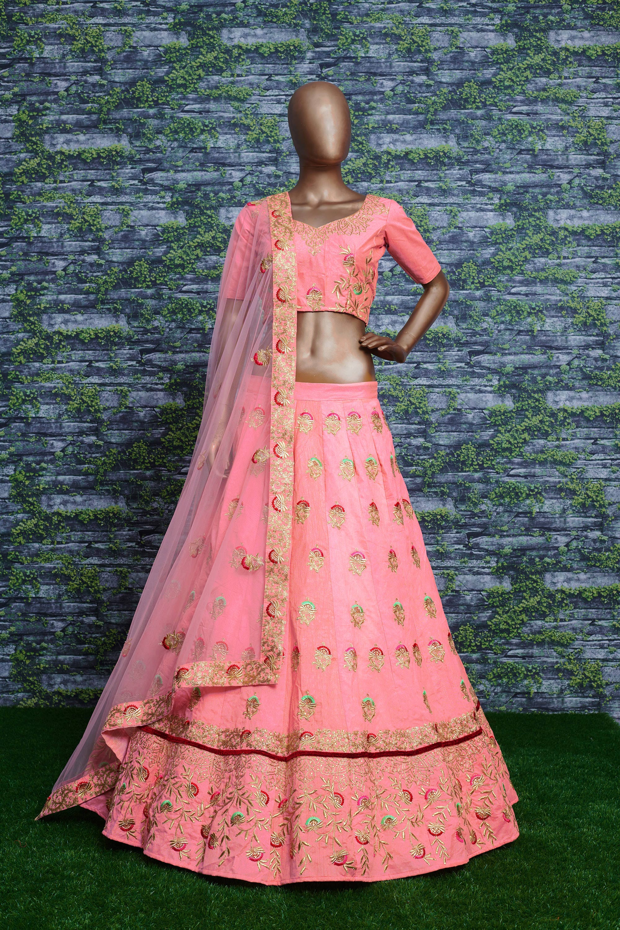 Babypink Taffeta Silk Lehenga Choli adorned with Dori, Zari, Sequins, and Diamonds