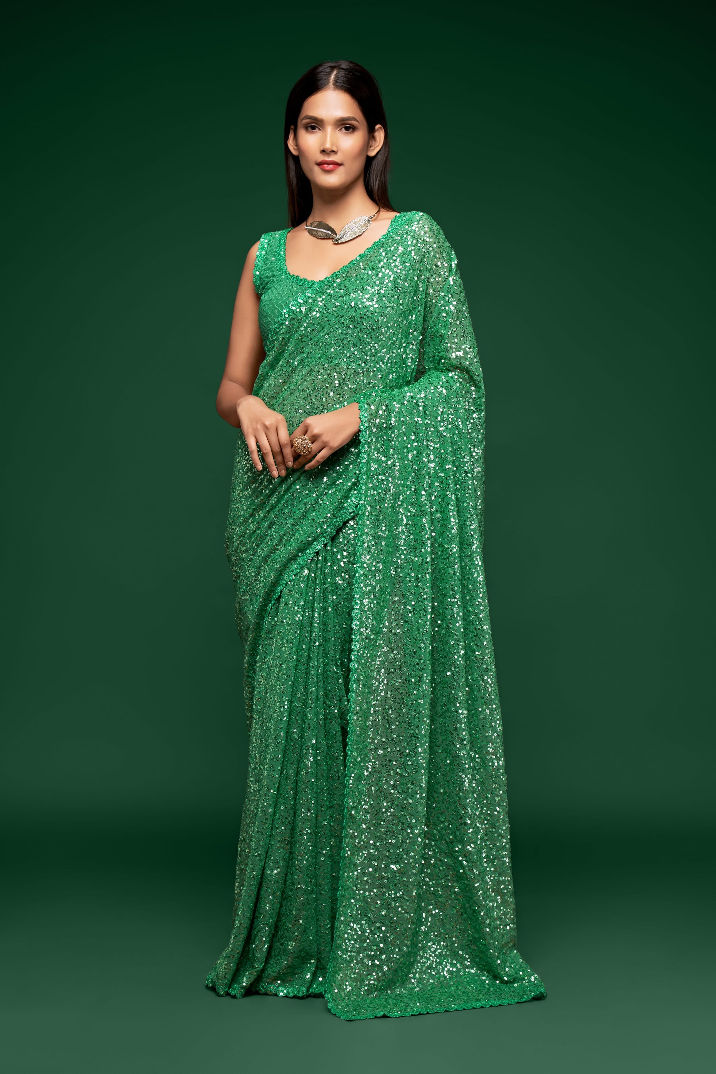 Mint Green Georgette Saree: Thread & Sequins Embroidery for Party & Wedding Wear