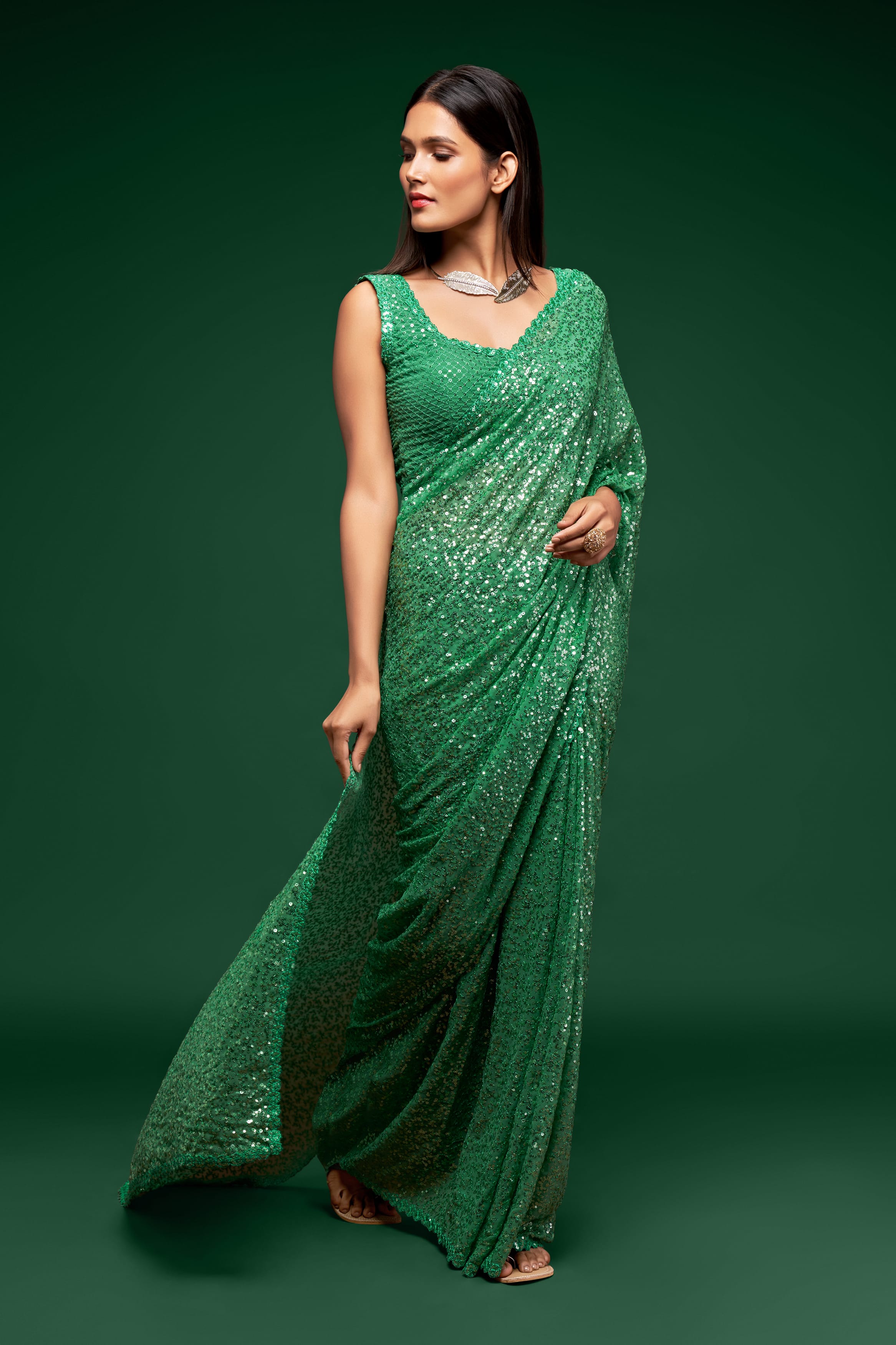 Mint Green Georgette Saree: Thread & Sequins Embroidery for Party & Wedding Wear