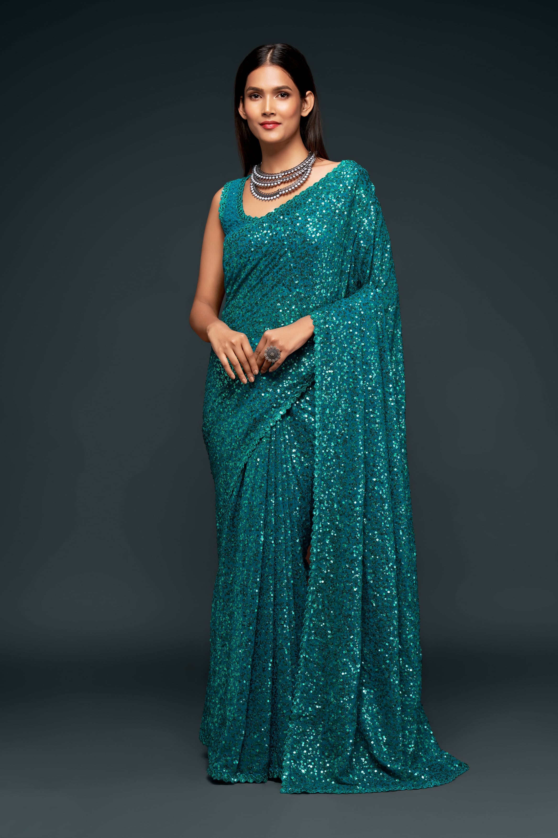 Teal Blue Georgette Saree: Thread & Sequins Embroidery for Party & Wedding Wear