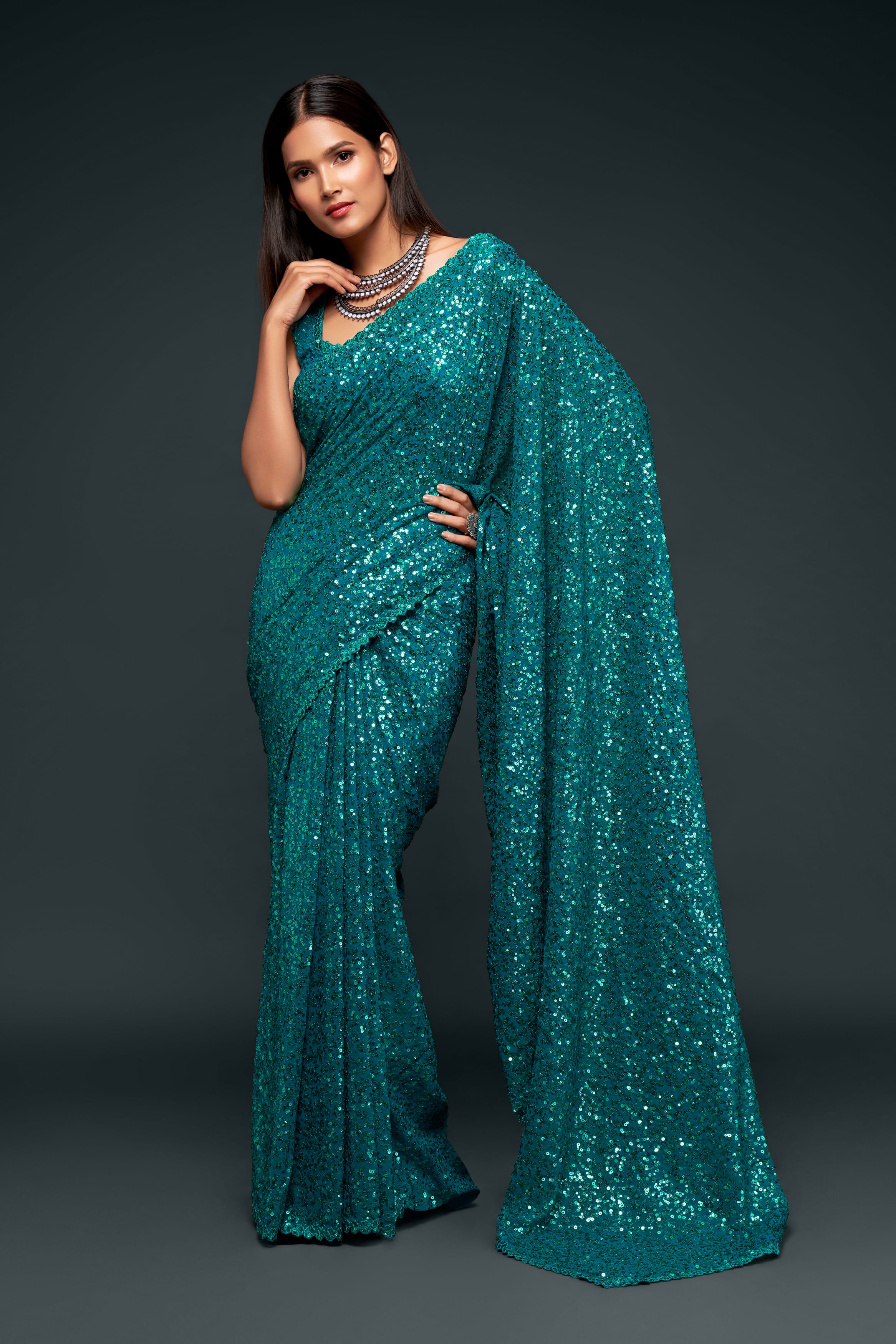 Teal Blue Georgette Saree: Thread & Sequins Embroidery for Party & Wedding Wear