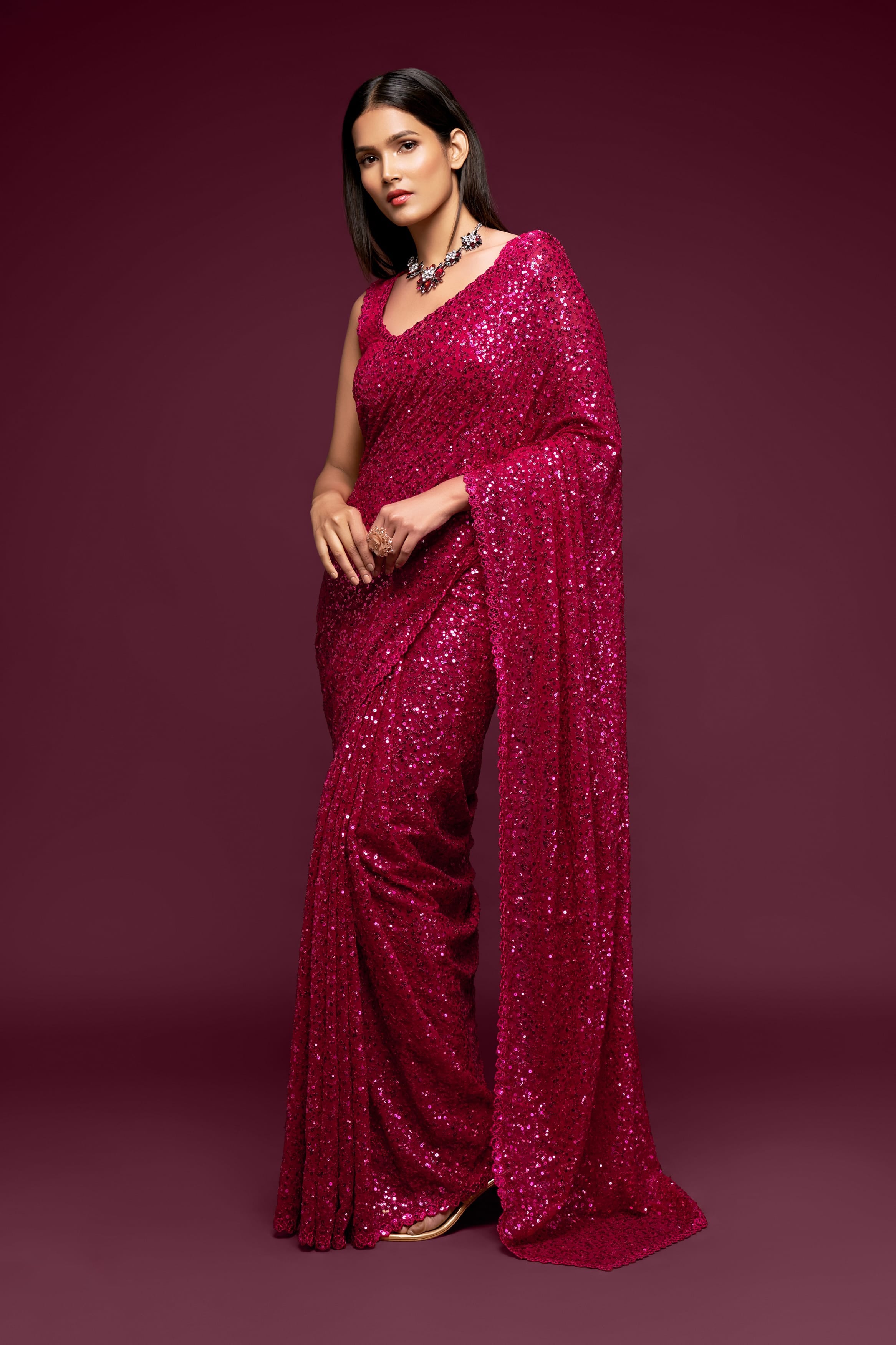 Hot Pink Georgette Saree: Thread & Sequins Embroidery for Party & Wedding Wear