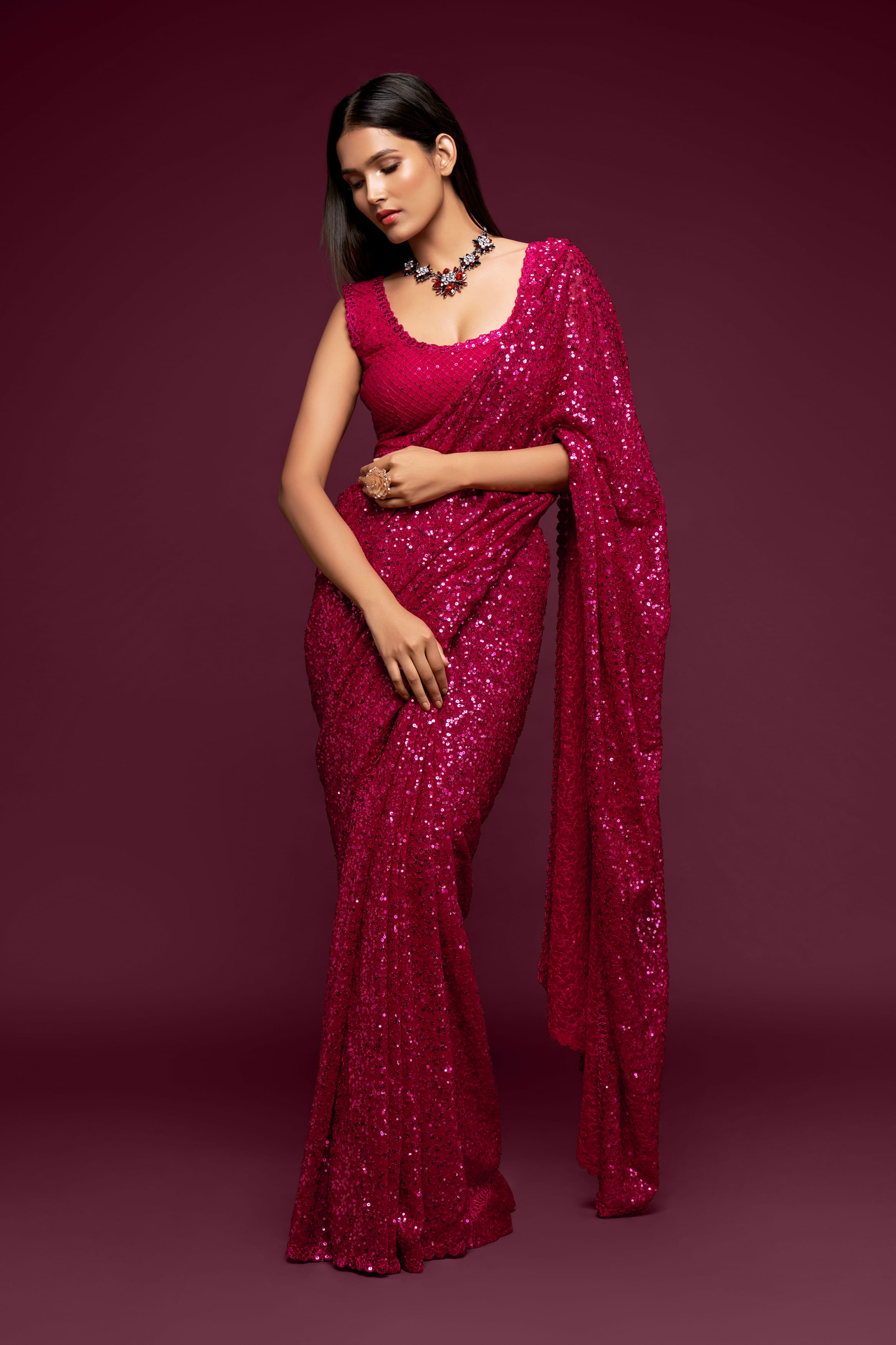 Hot Pink Georgette Saree: Thread & Sequins Embroidery for Party & Wedding Wear