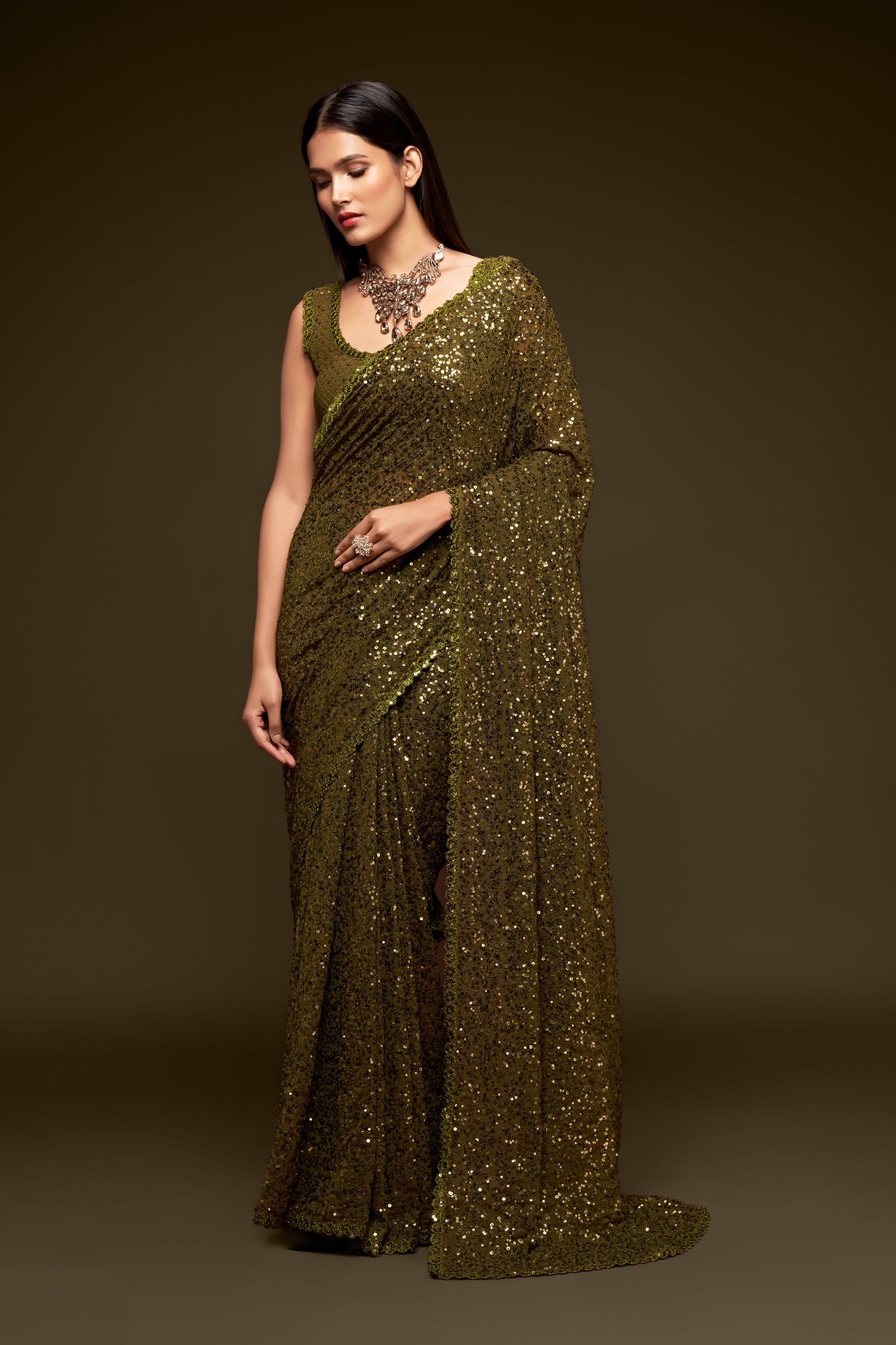 Olive Green Georgette Saree: Thread & Sequins Embroidery - Party & Wedding Wear