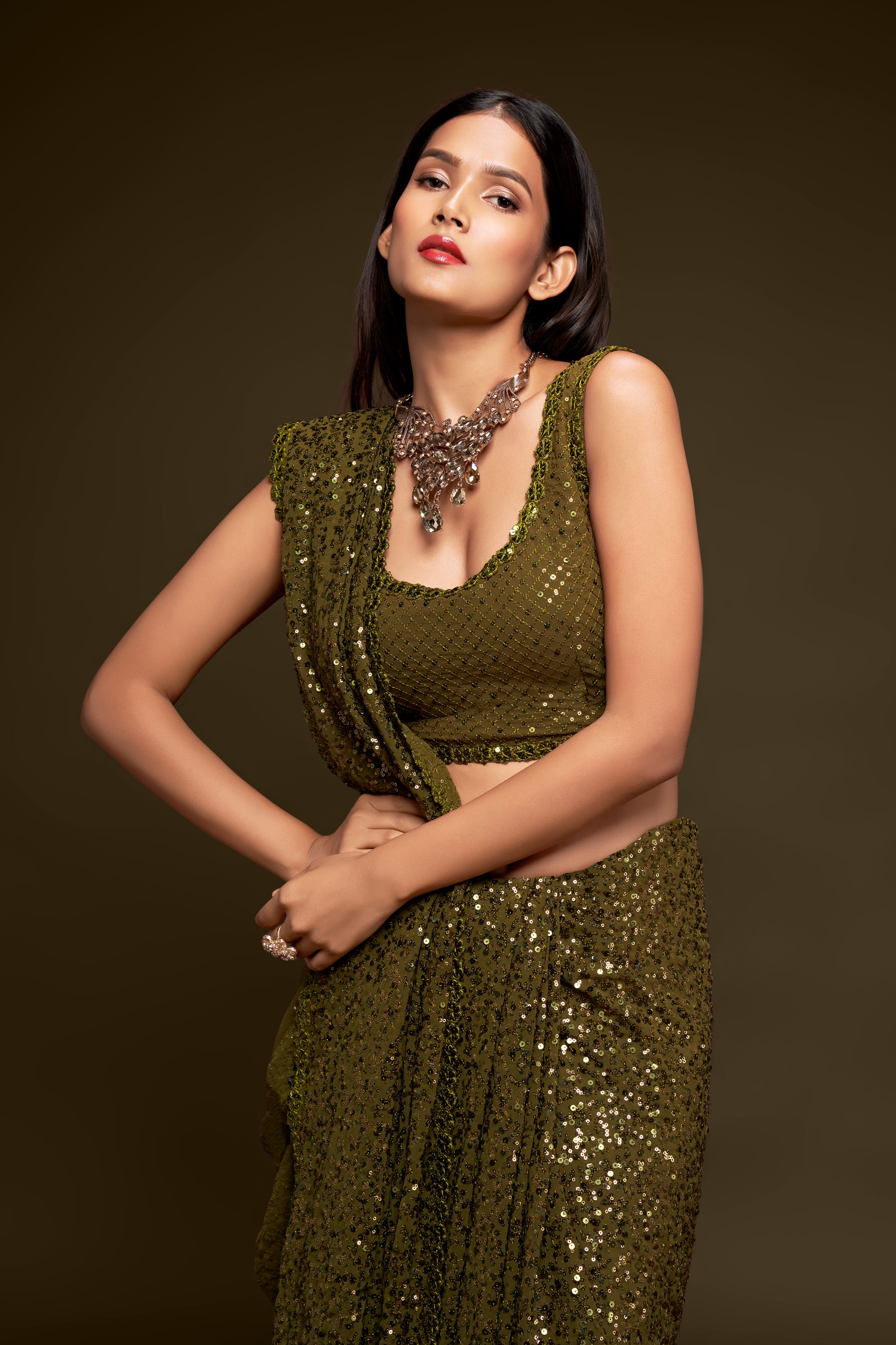 Olive Green Georgette Saree: Thread & Sequins Embroidery - Party & Wedding Wear