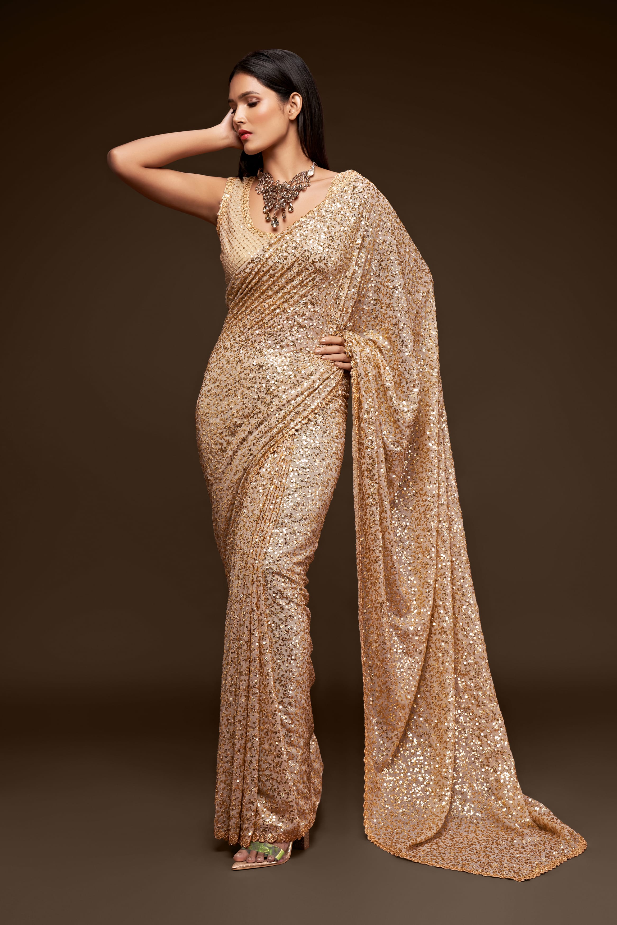 Exquisite Ancient Ivory Georgette Saree: Thread & Sequins Embroidery for Party & Wedding Wear