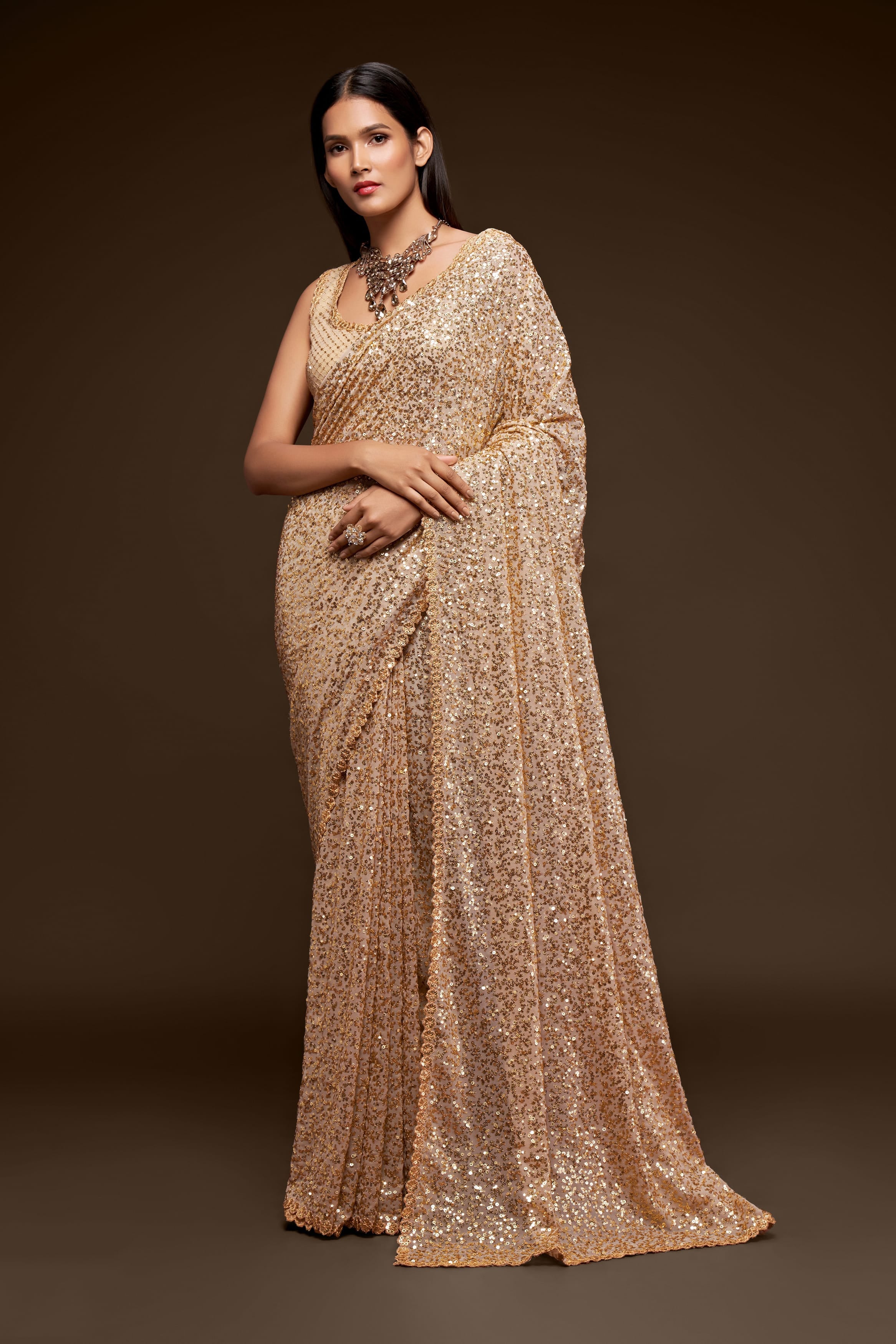 Exquisite Ancient Ivory Georgette Saree: Thread & Sequins Embroidery for Party & Wedding Wear