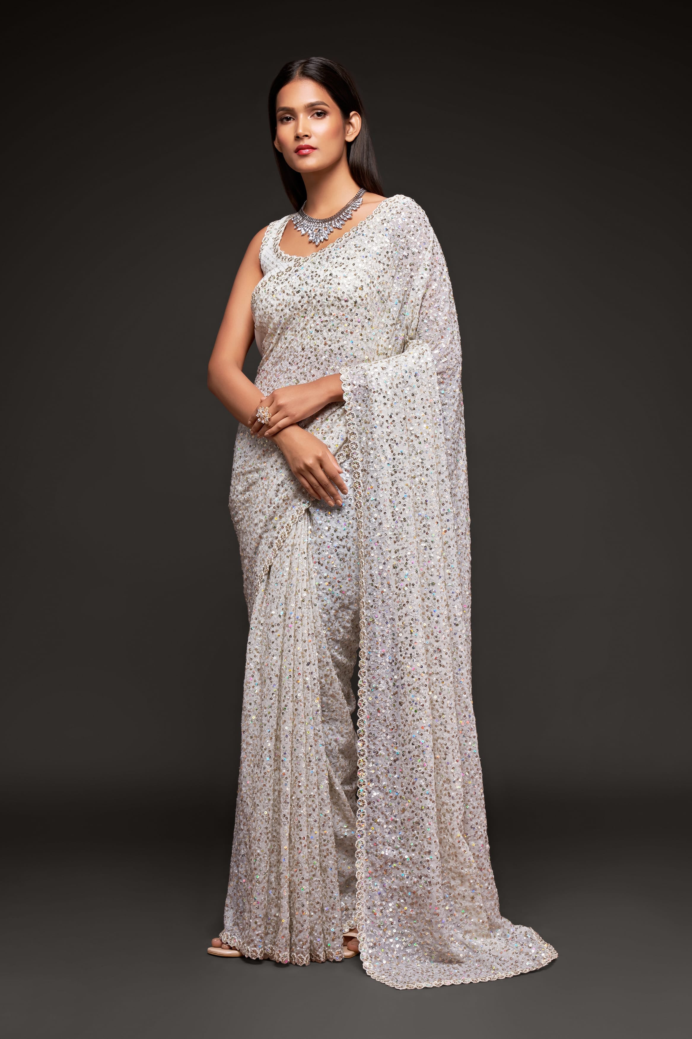 Elegant Pearl White Georgette Saree with Thread & Sequins Embroidery - Perfect for Parties & Weddings