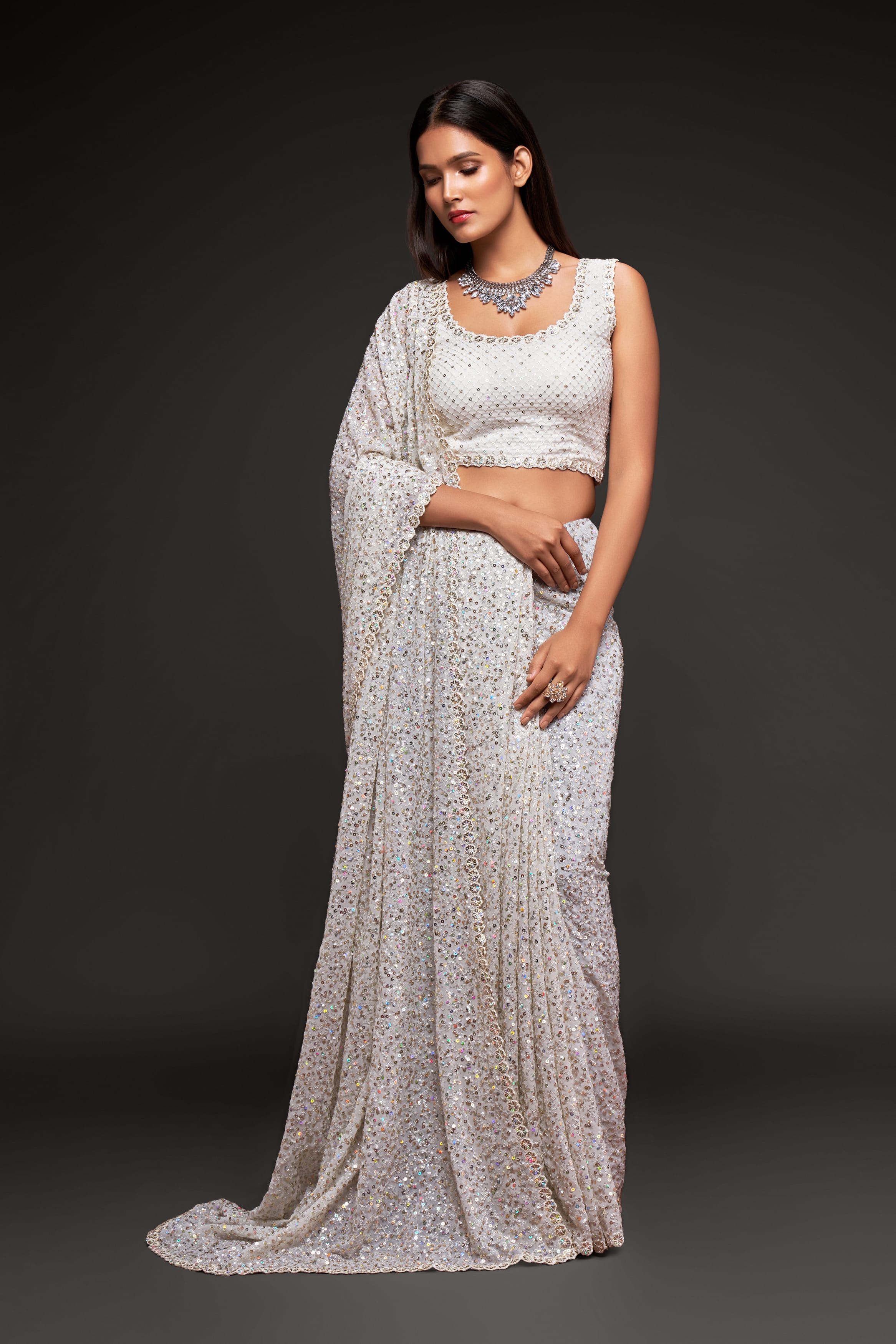 Elegant Pearl White Georgette Saree with Thread & Sequins Embroidery - Perfect for Parties & Weddings