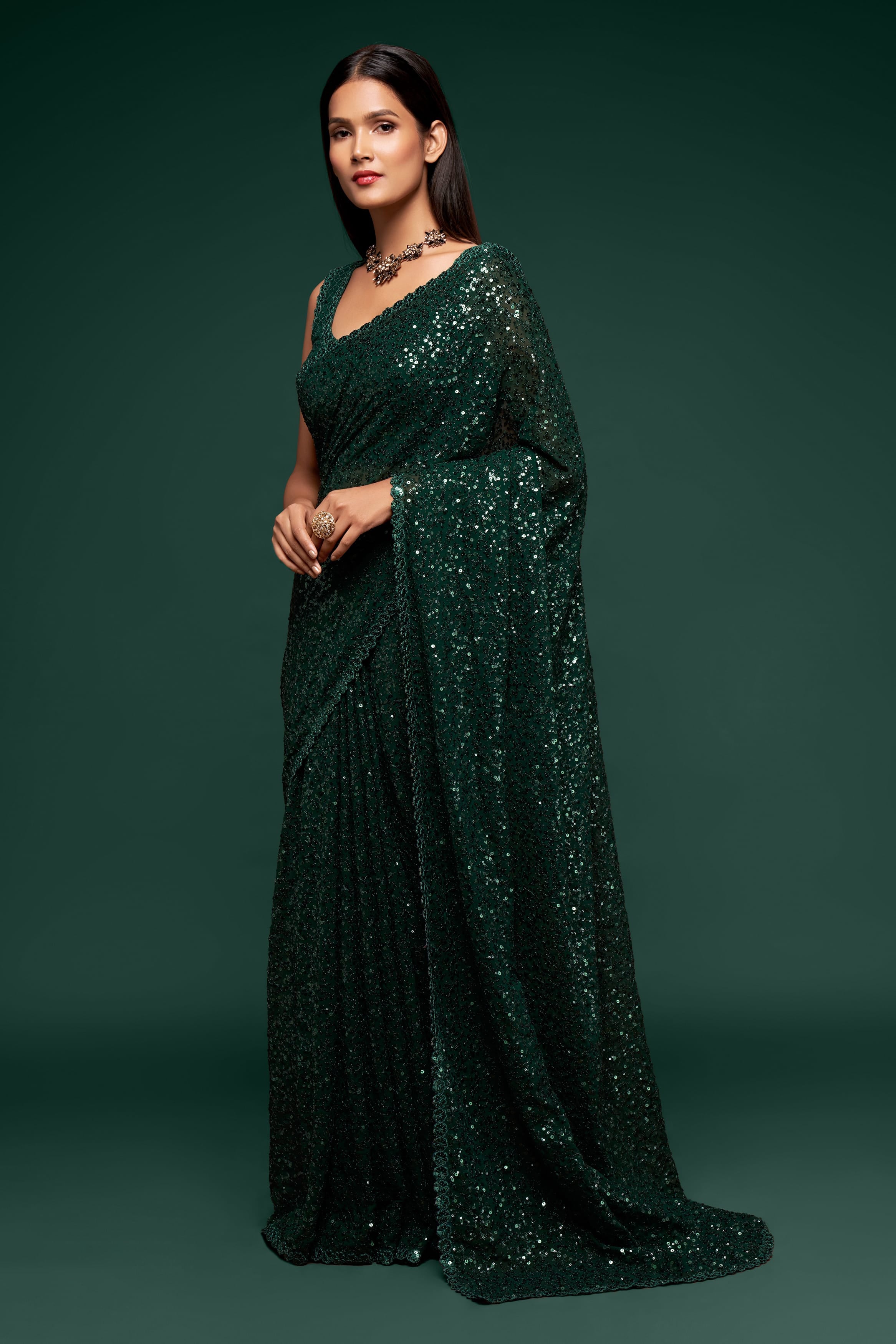 Deep Green Georgette Saree: Exquisite Thread & Sequins Embroidery for Parties & Weddings