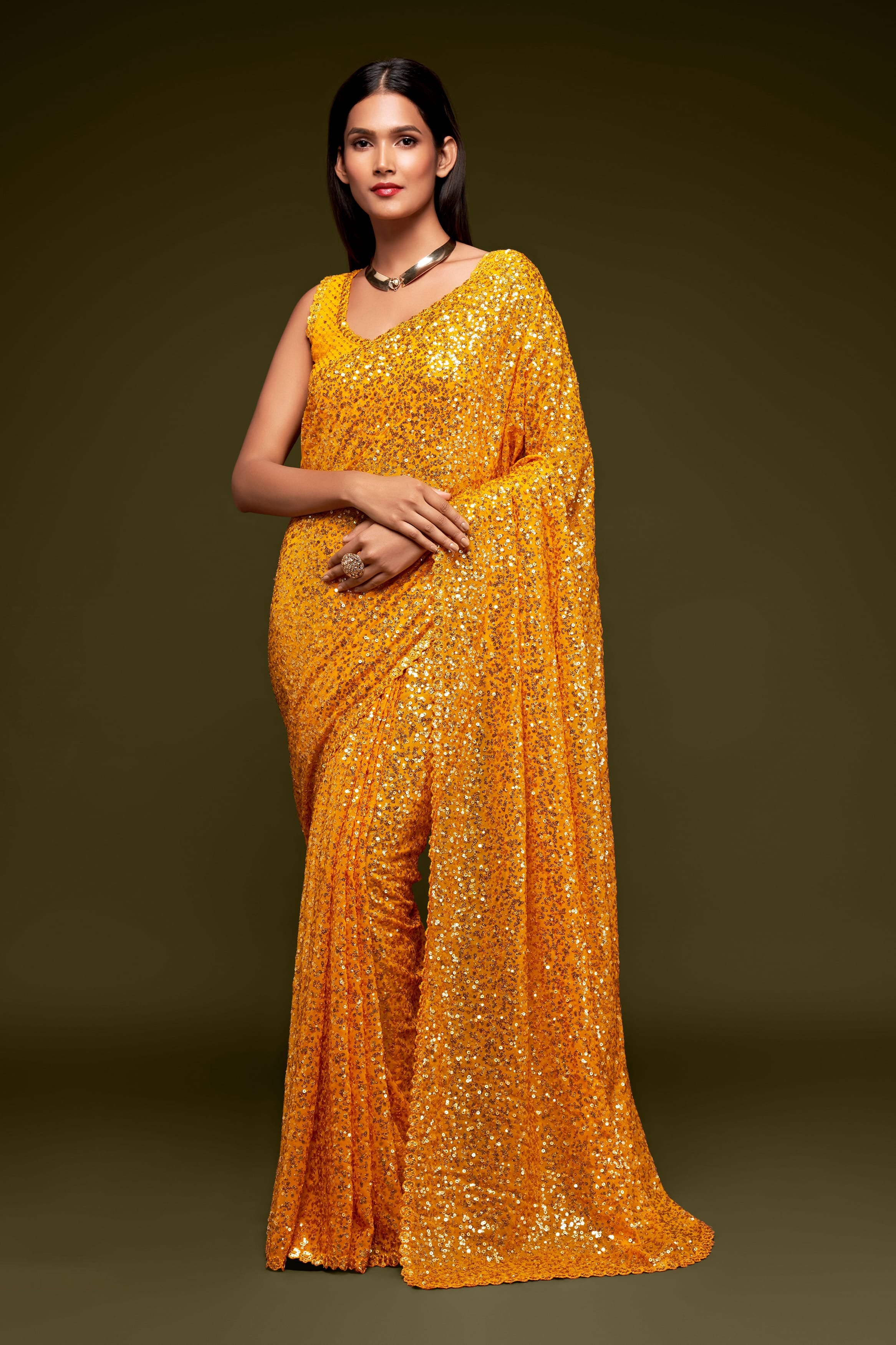 Honey Yellow Georgette Saree with Thread and Sequin Embroidery for Party & Wedding Wear