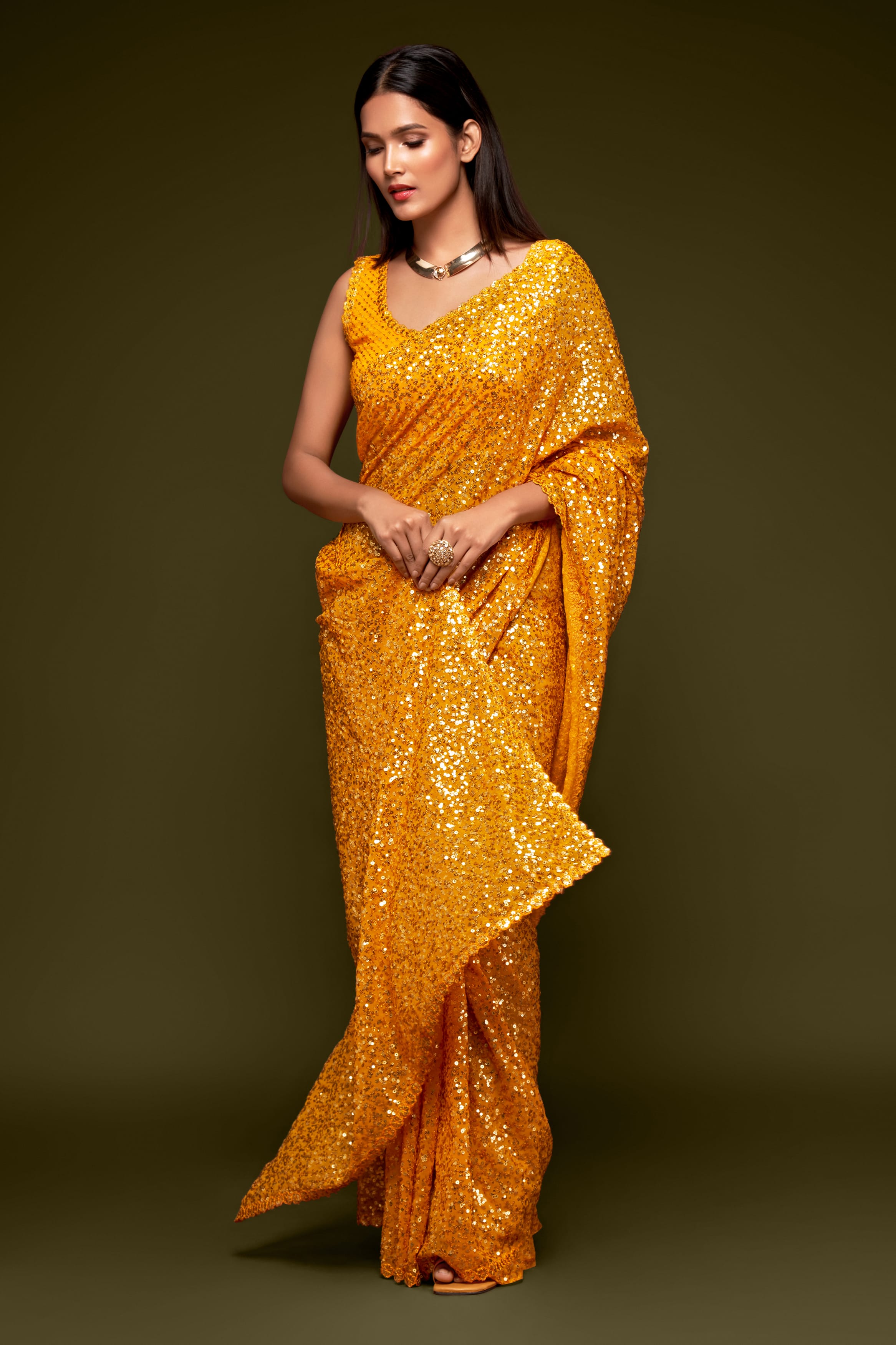 Honey Yellow Georgette Saree with Thread and Sequin Embroidery for Party & Wedding Wear