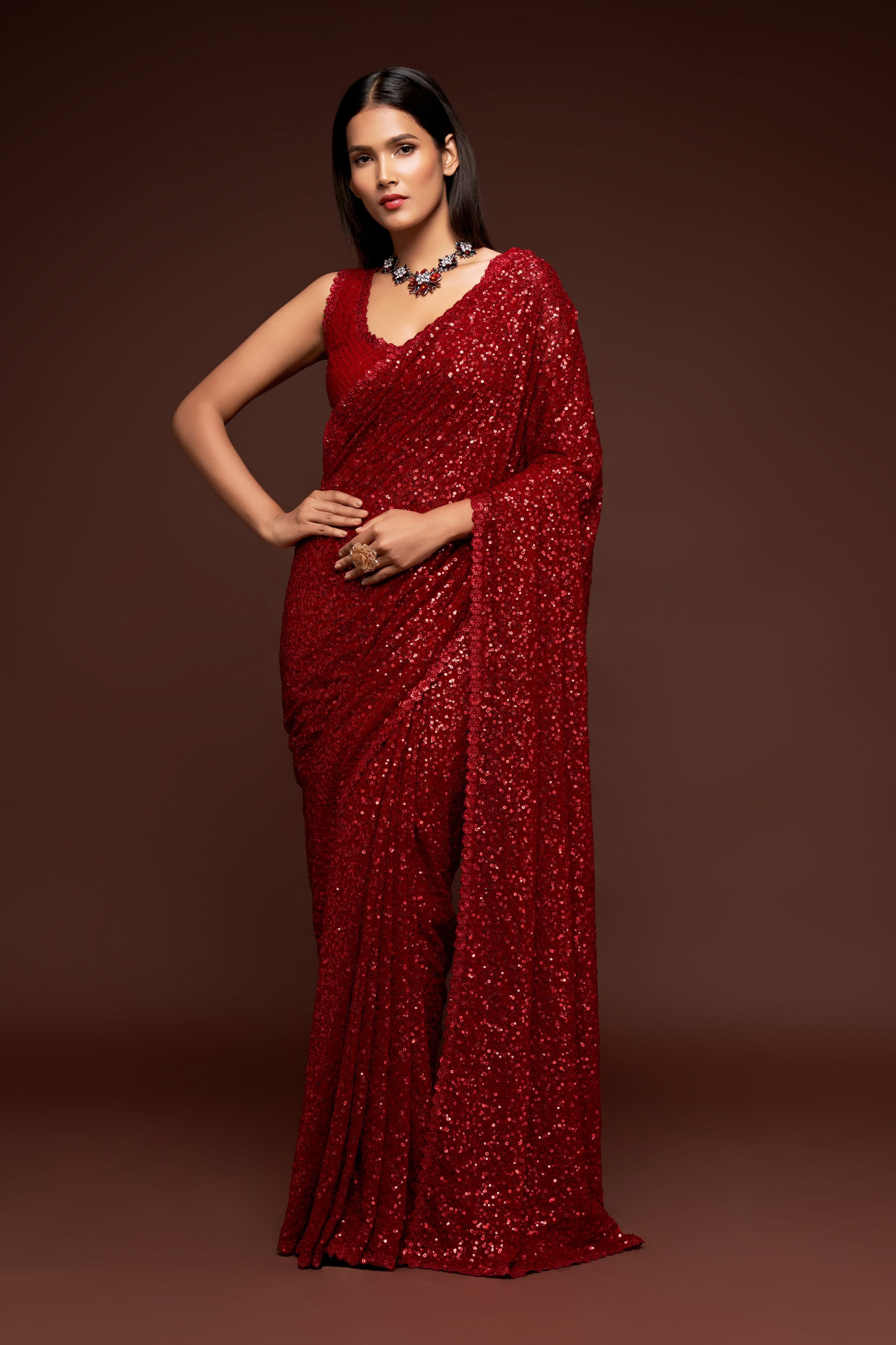 RUBY RED GEORGETTE Saree: Thread & Sequin Embroidery for Party & Wedding Wear