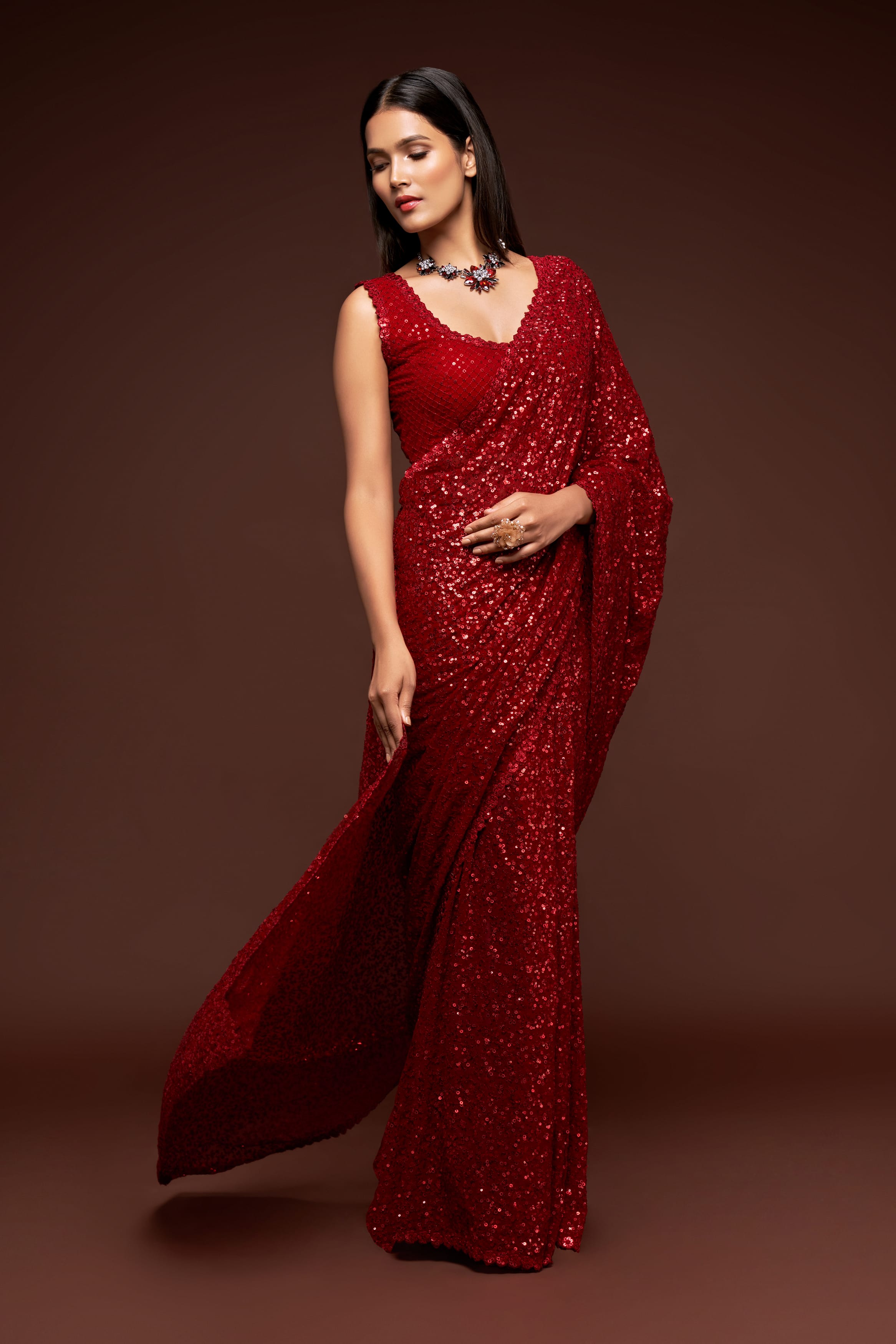 RUBY RED GEORGETTE Saree: Thread & Sequin Embroidery for Party & Wedding Wear