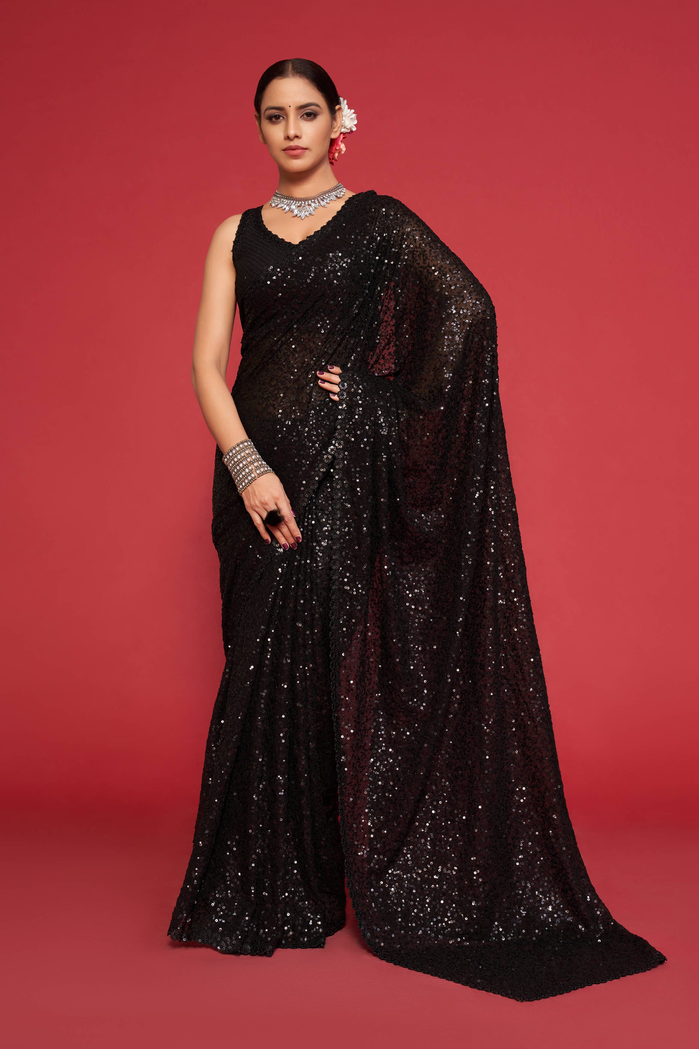 Exquisite Black Georgette Saree: Thread & Sequins Embroidery for Party & Wedding Wear