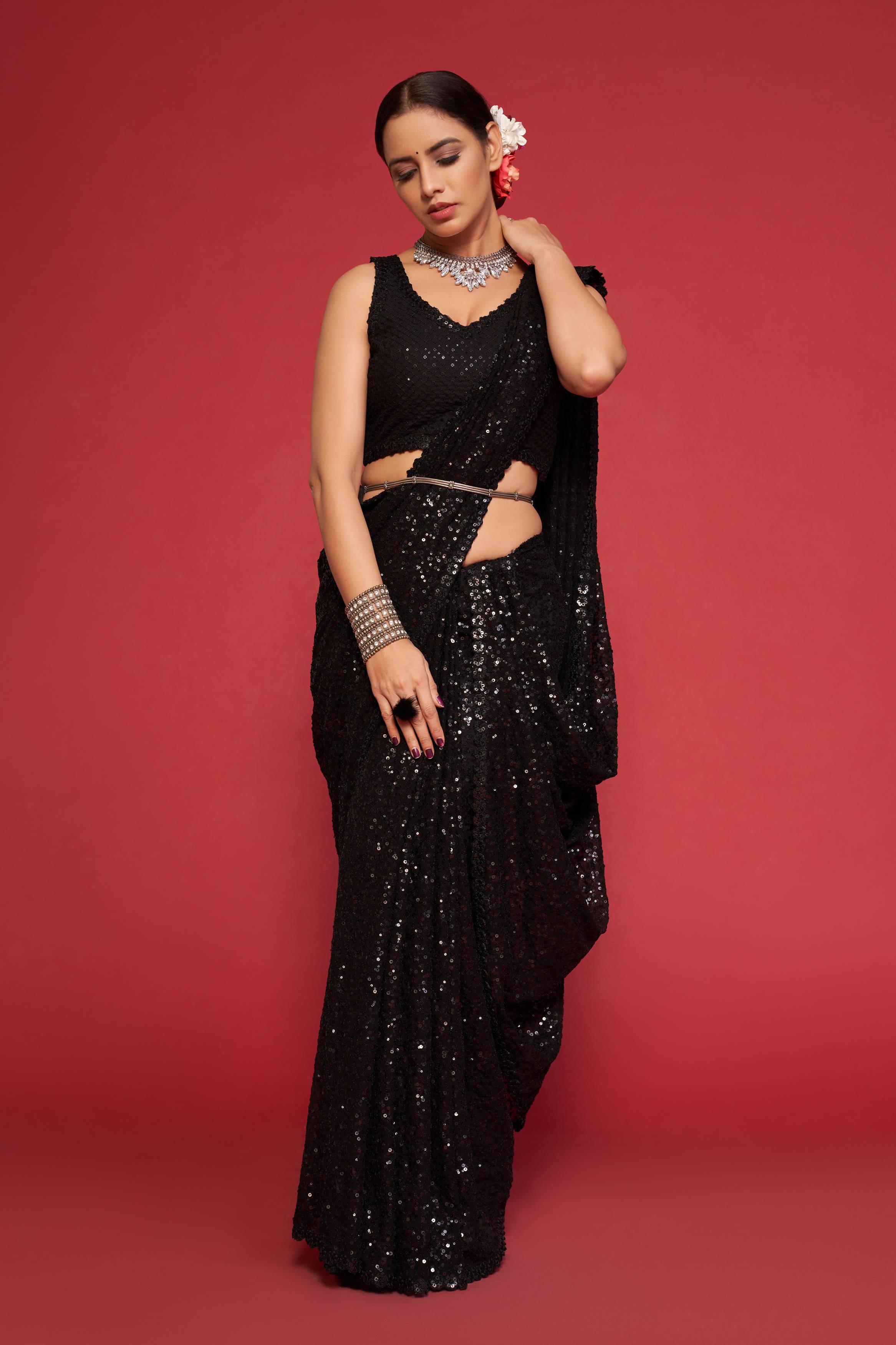 Exquisite Black Georgette Saree: Thread & Sequins Embroidery for Party & Wedding Wear