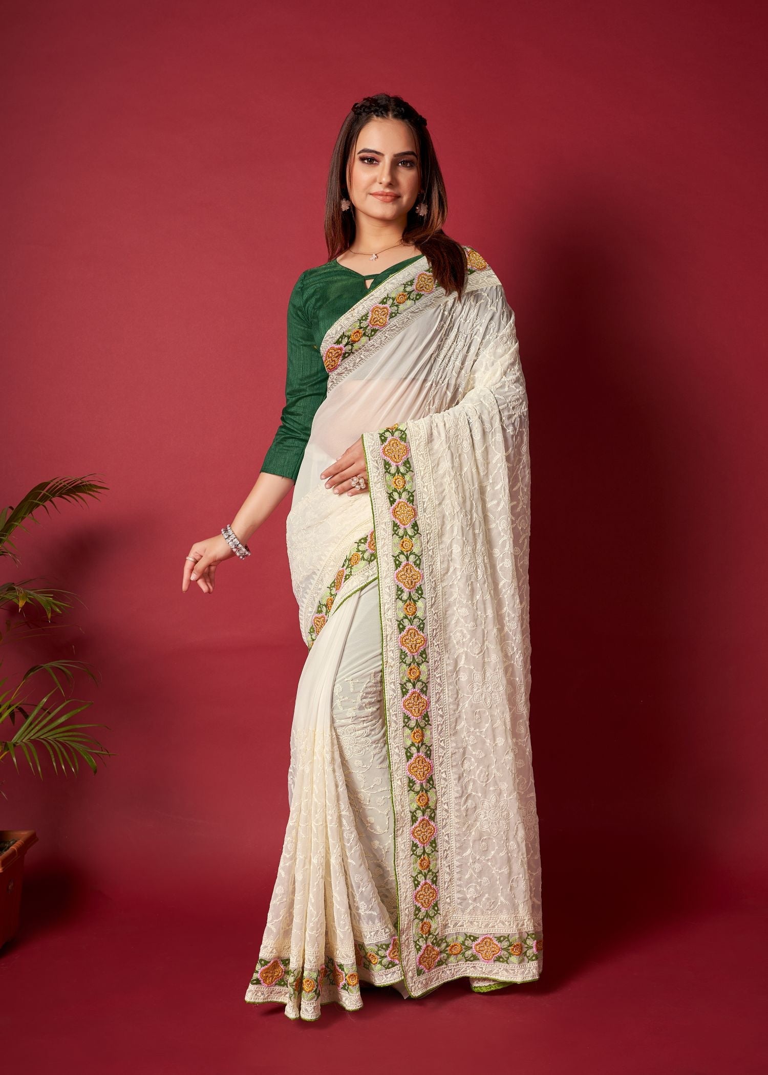 Elegant Cream Georgette Saree: Embroidered with Piping Border for Parties and Weddings