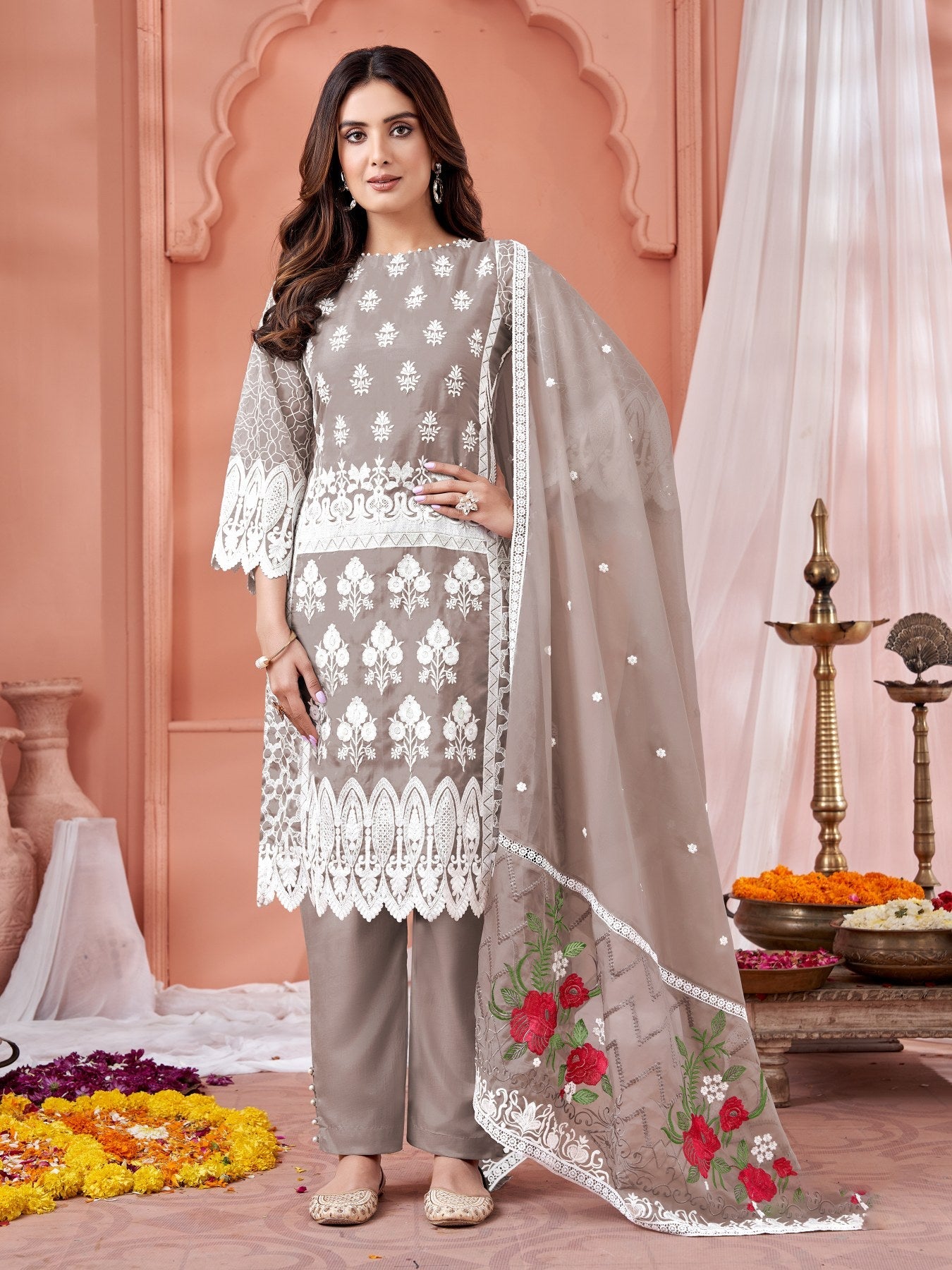 Elegant Grey Salwar Suit in Soft Organza for Weddings and Parties