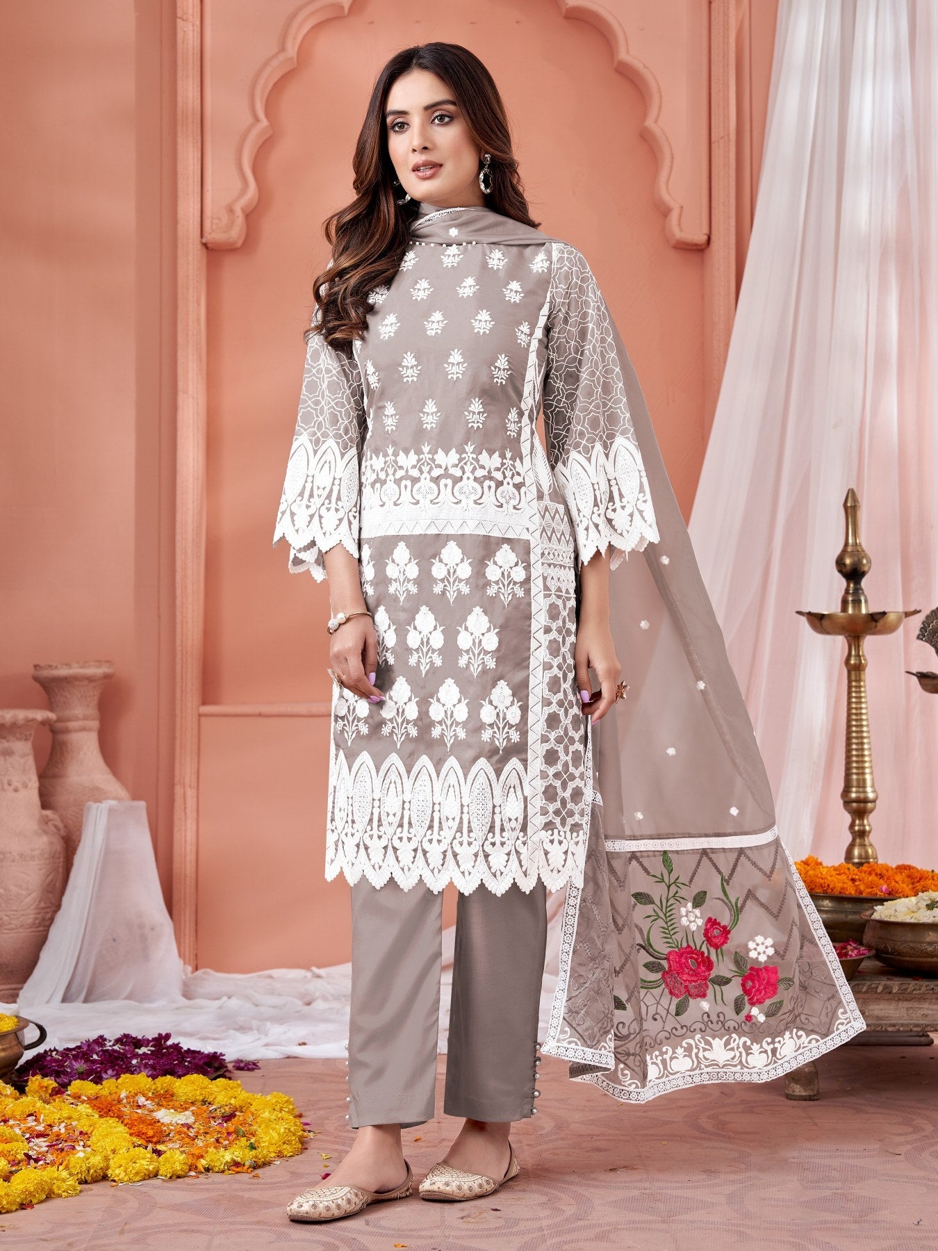 Elegant Grey Salwar Suit in Soft Organza for Weddings and Parties