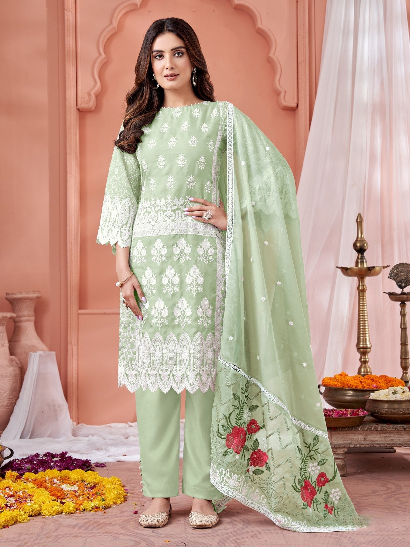 Elegant Green Soft Organza Salwar Suit with Santool Bottom for Weddings & Parties