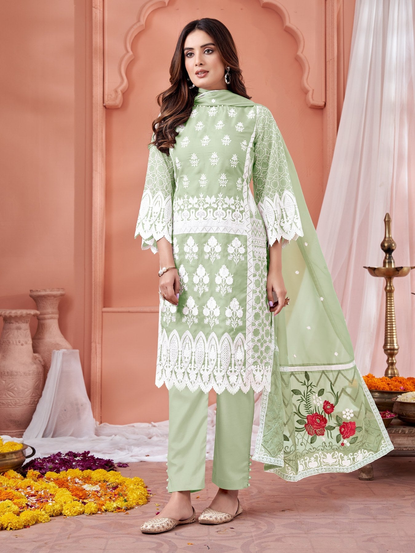 Elegant Green Soft Organza Salwar Suit with Santool Bottom for Weddings & Parties