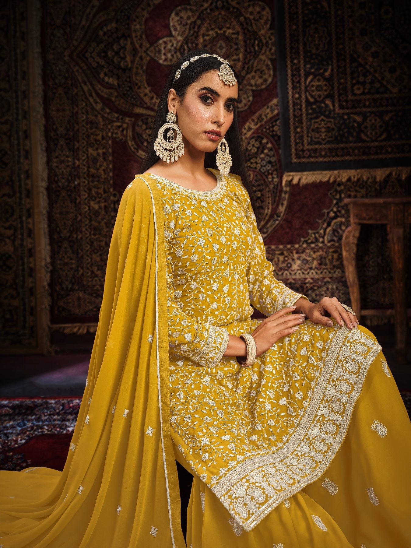 Yellow Faux Georgette Sharara Suit: Perfect for Weddings & Parties!