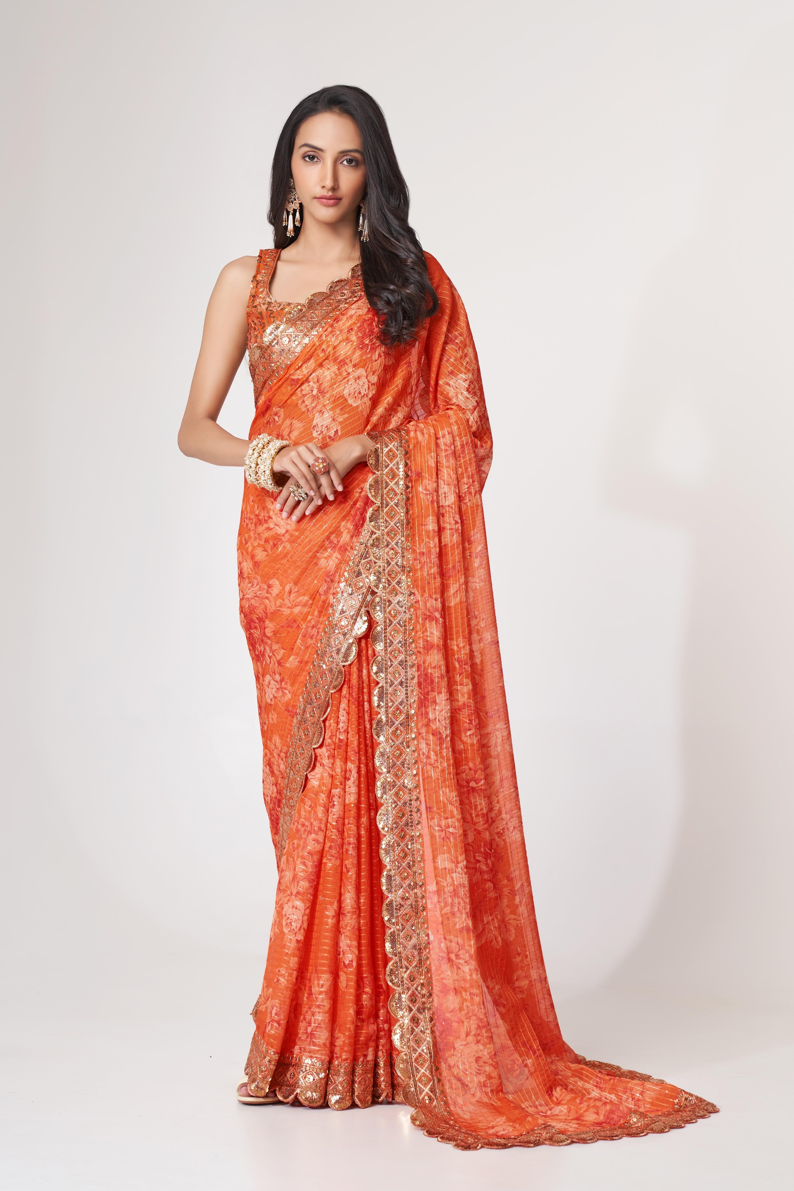 Stunning Orange Sequins Embroidered Organza Saree: Perfect for Parties & Weddings