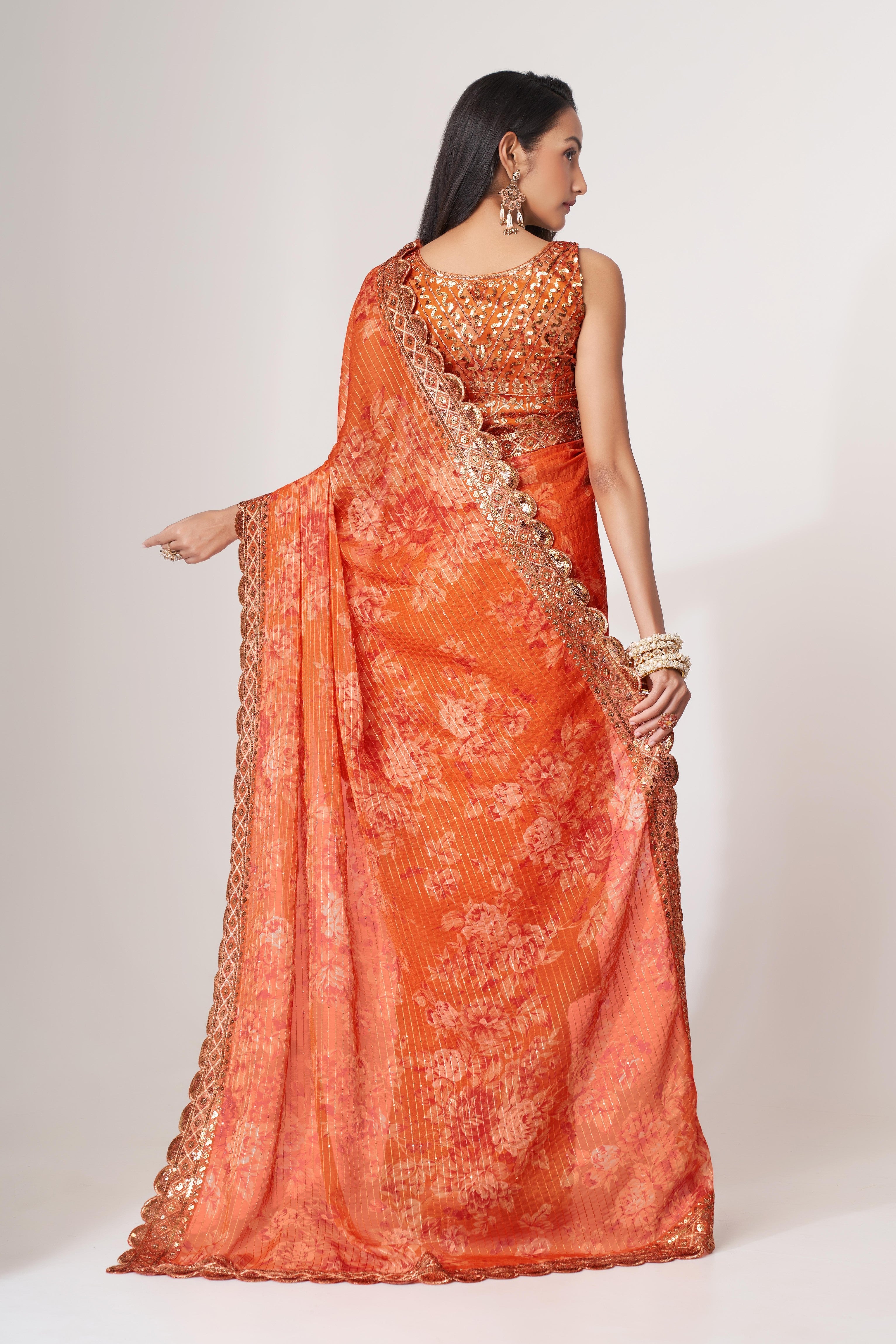 Stunning Orange Sequins Embroidered Organza Saree: Perfect for Parties & Weddings