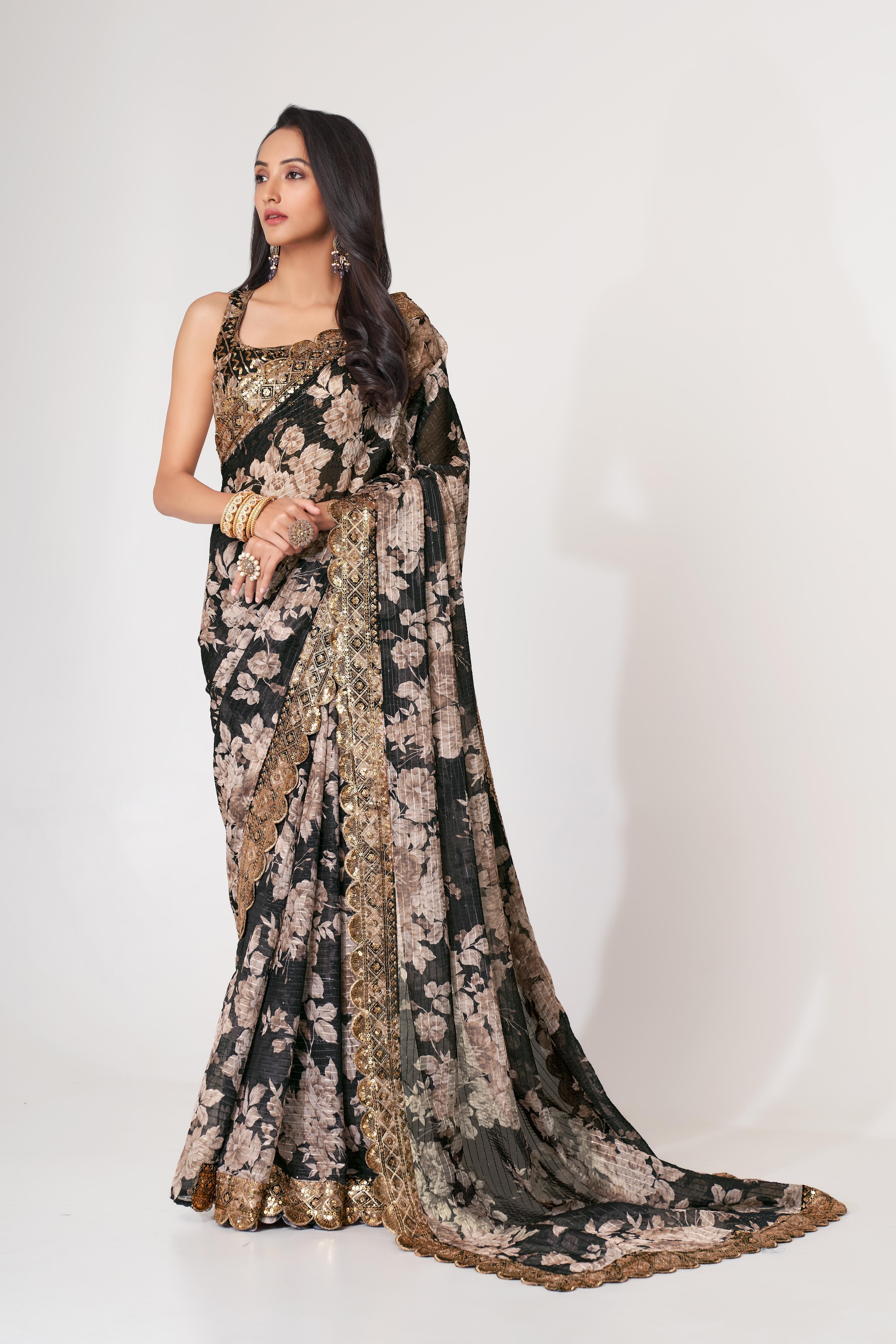 Elegant Black Sequins Embroidered Organza Saree for Party & Wedding Wear