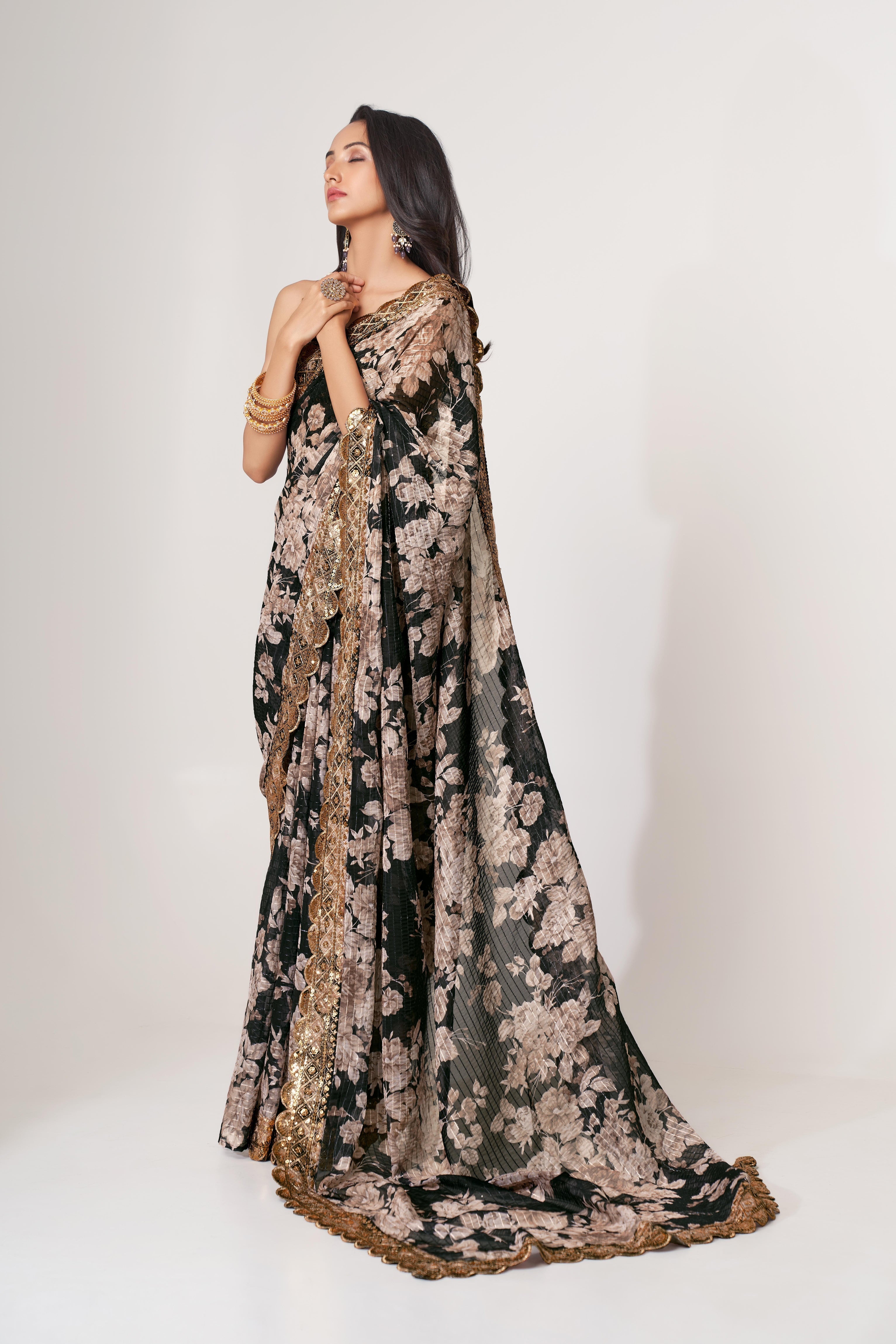 Elegant Black Sequins Embroidered Organza Saree for Party & Wedding Wear