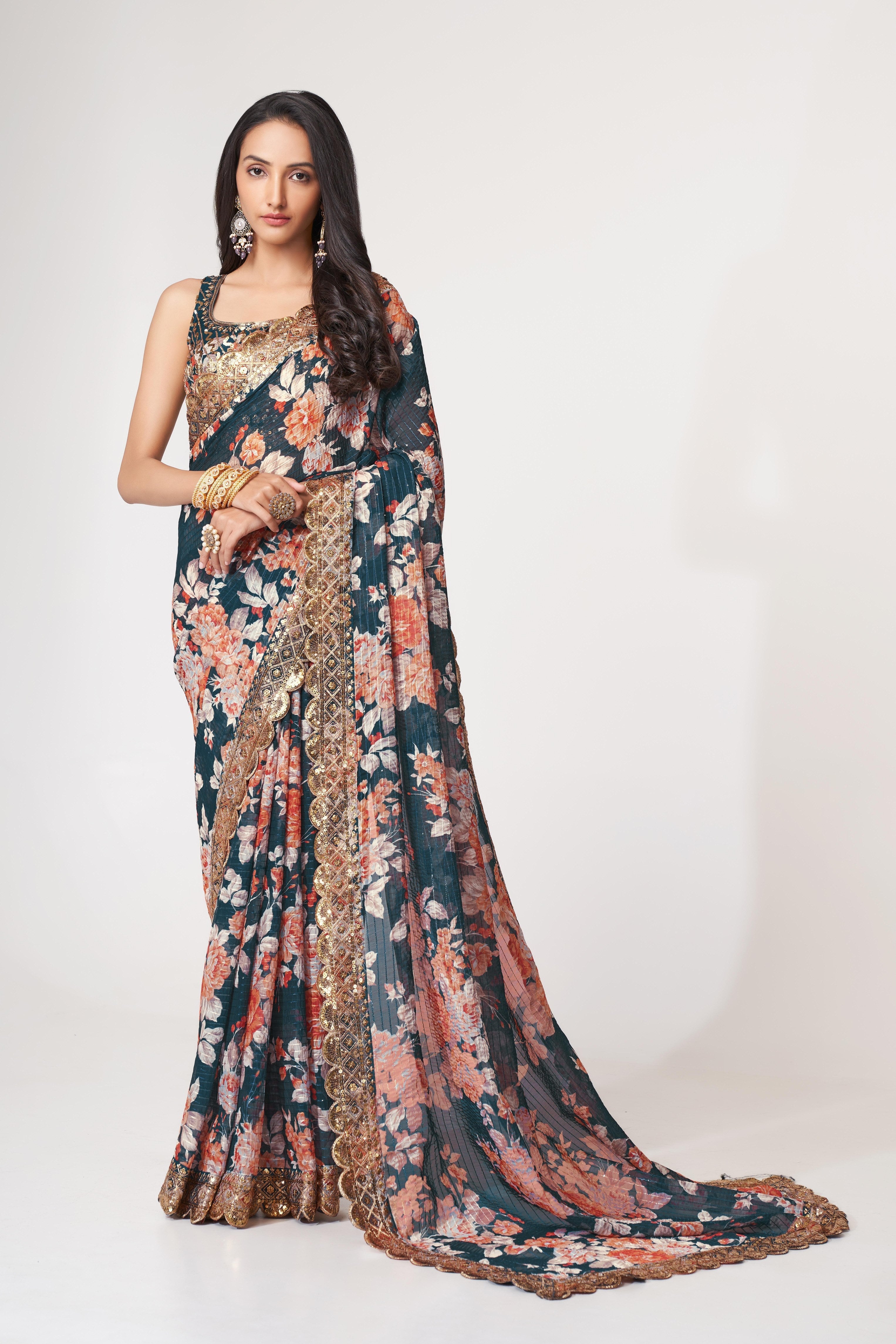 Dove Blue Sequins Embroidered Organza Saree: Party & Wedding Wear