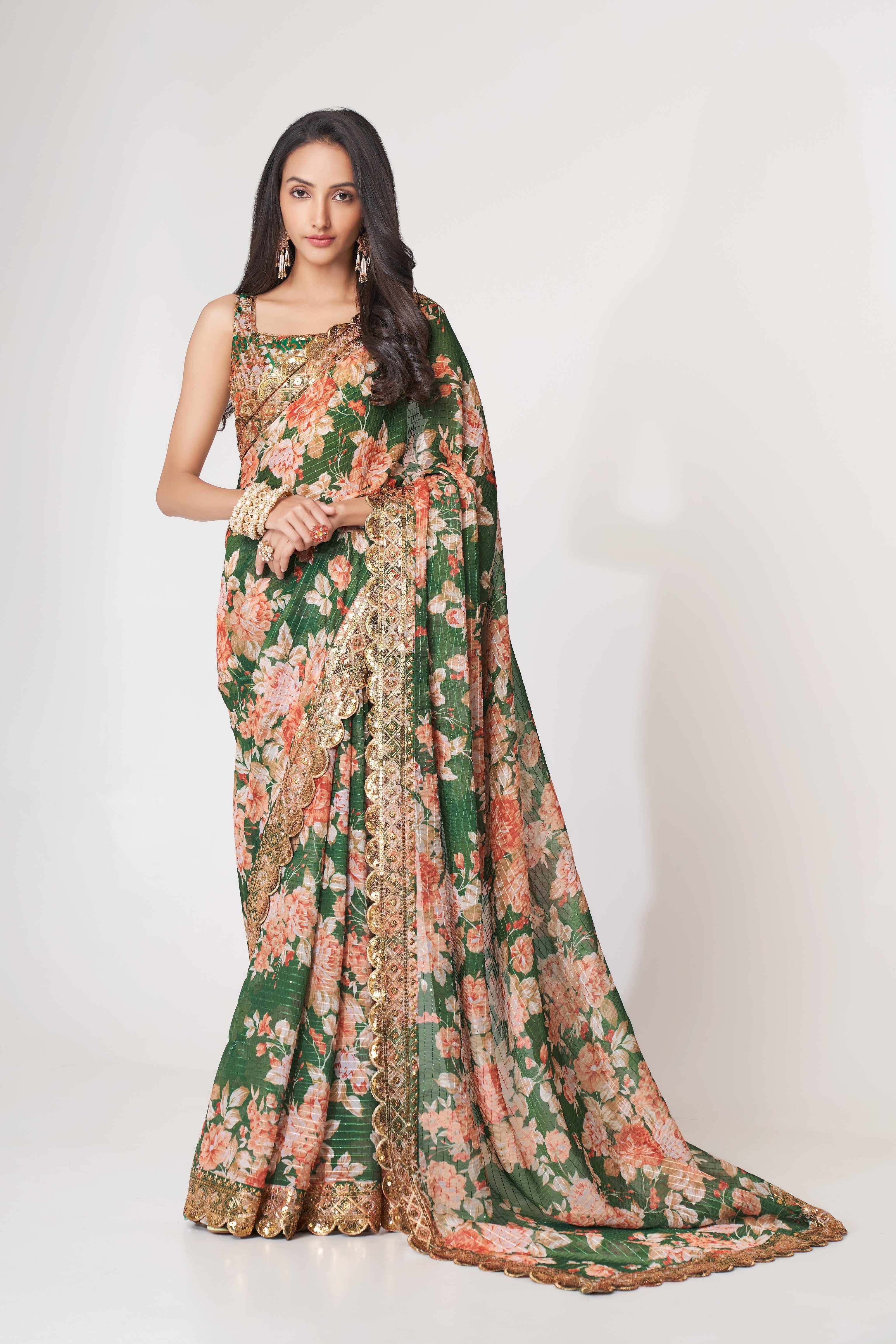 Green Sequins Embroidered Organza Saree: Party & Wedding Wear with Digital Print