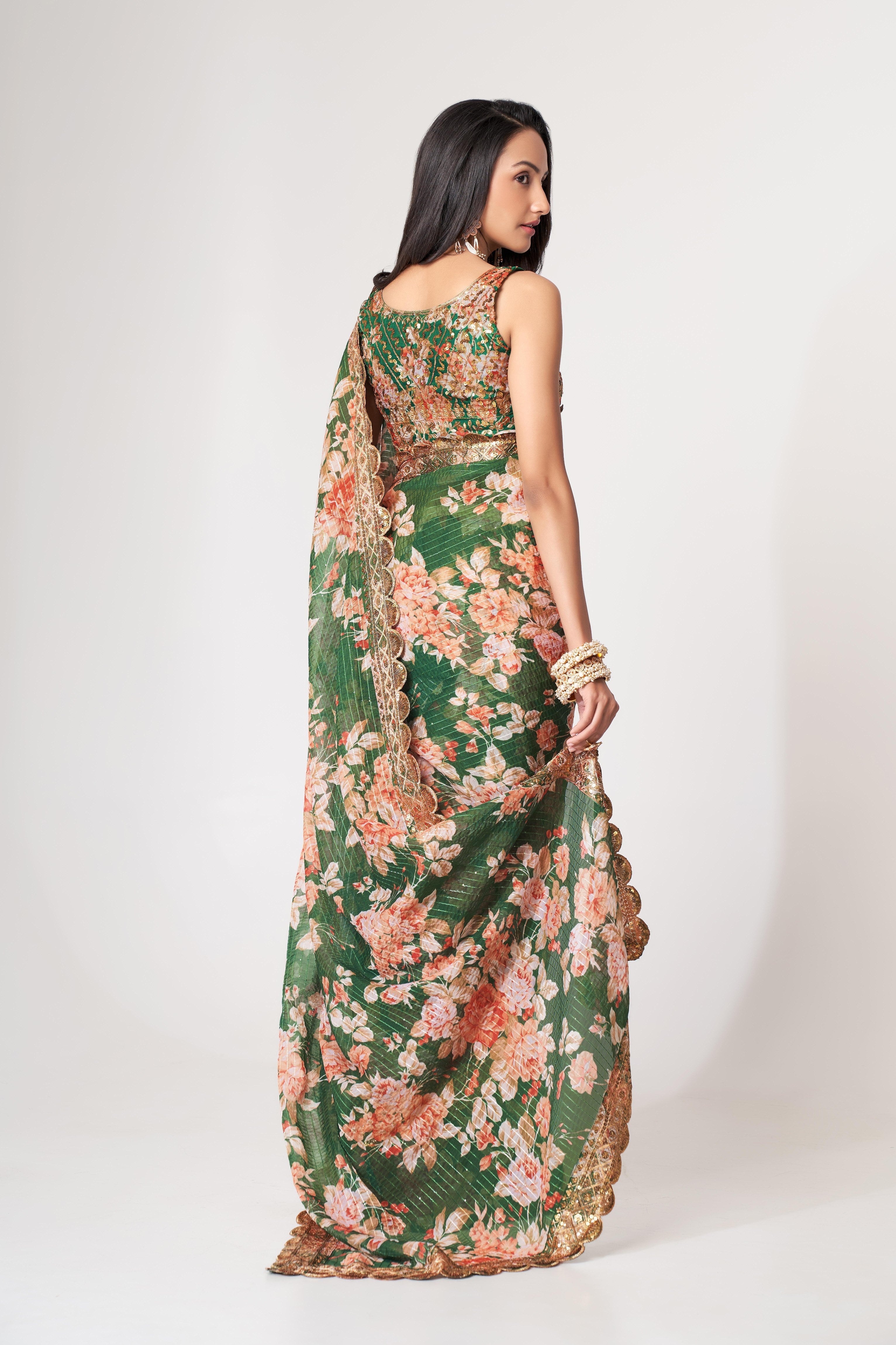 Green Sequins Embroidered Organza Saree: Party & Wedding Wear with Digital Print