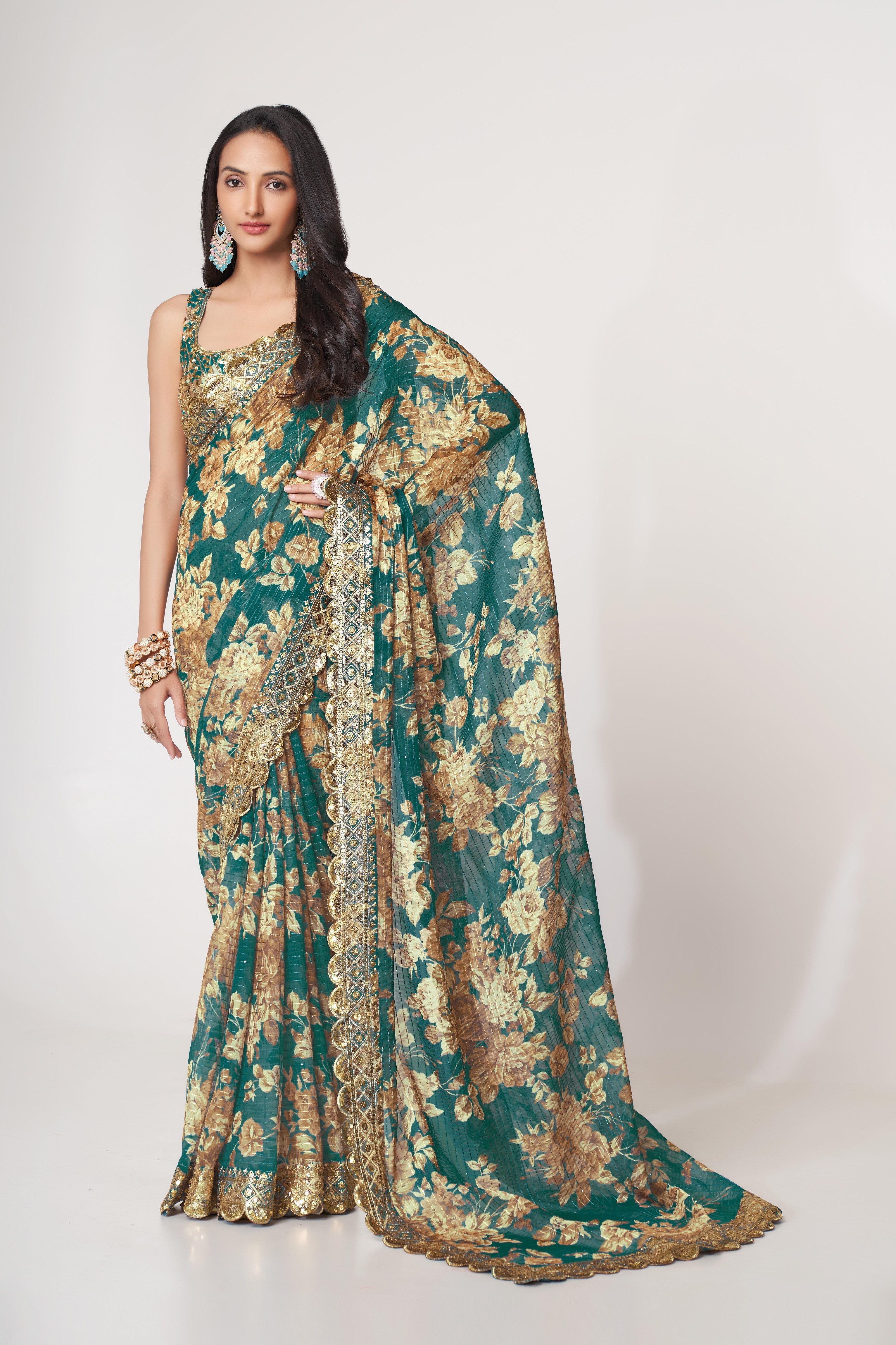 Teal Blue Sequins Embroidered Organza Saree: Glamour for Parties & Weddings