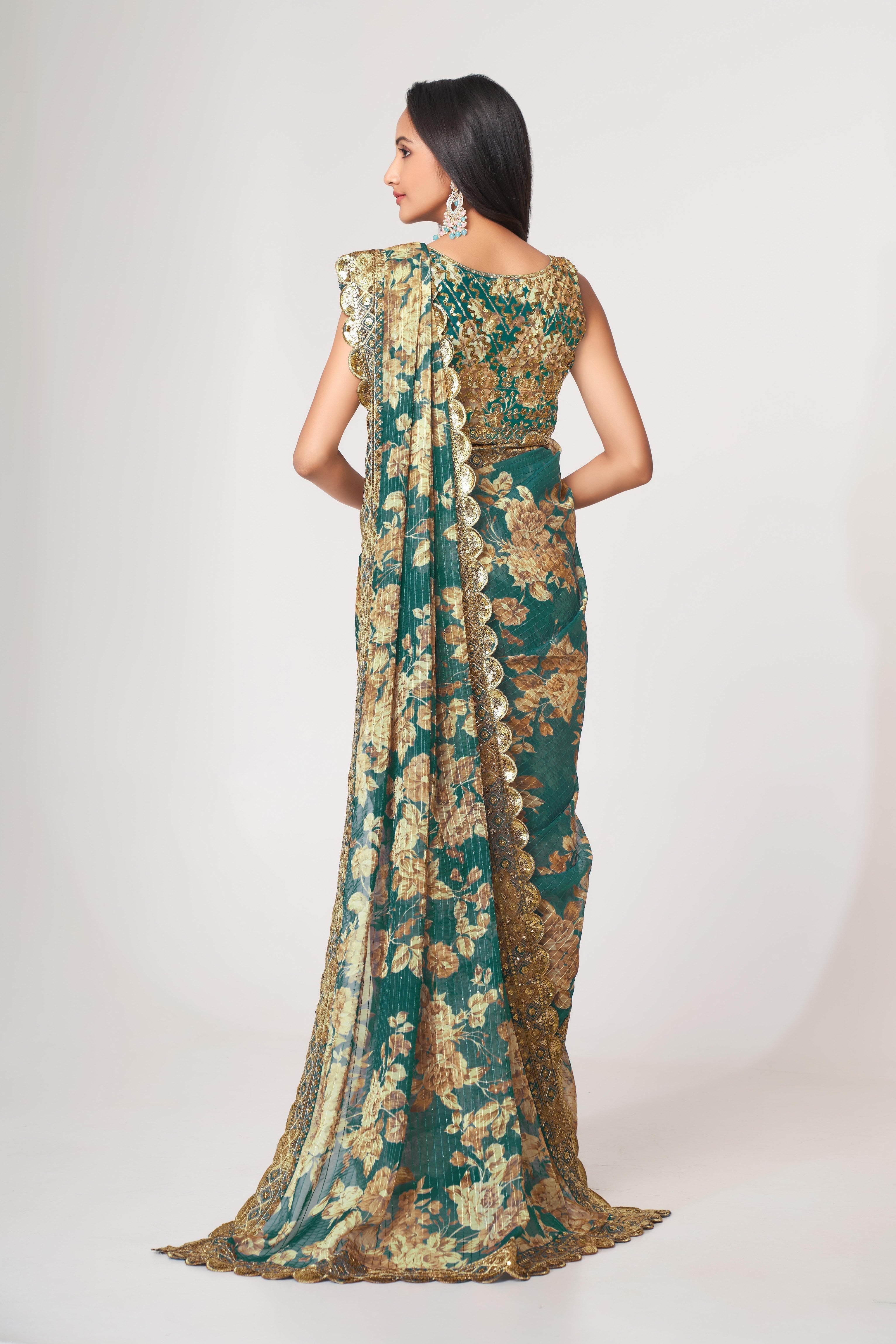 Teal Blue Sequins Embroidered Organza Saree: Glamour for Parties & Weddings