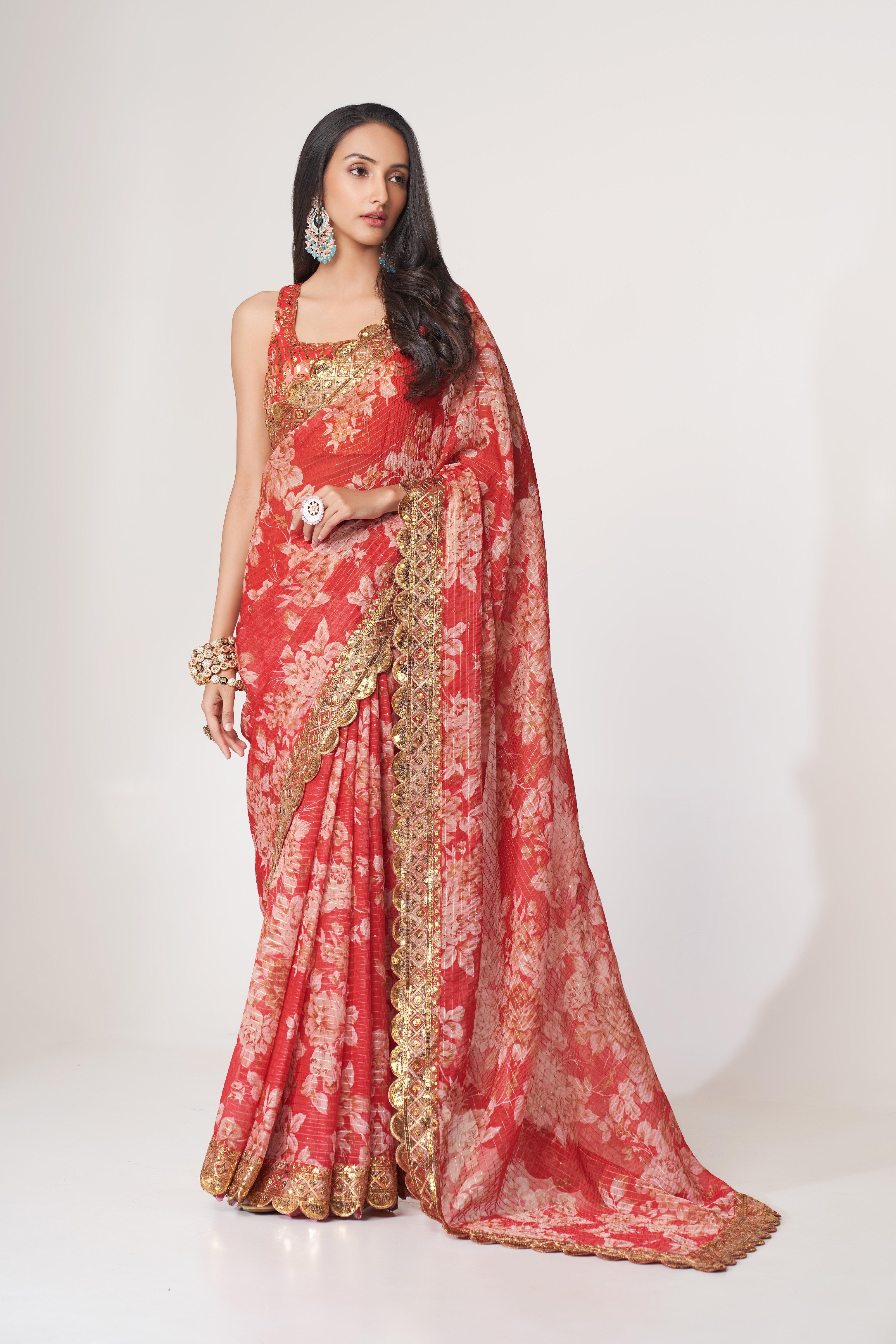 Elegant Red Sequins Embroidered Saree in Organza Fabric - Perfect for Parties and Weddings