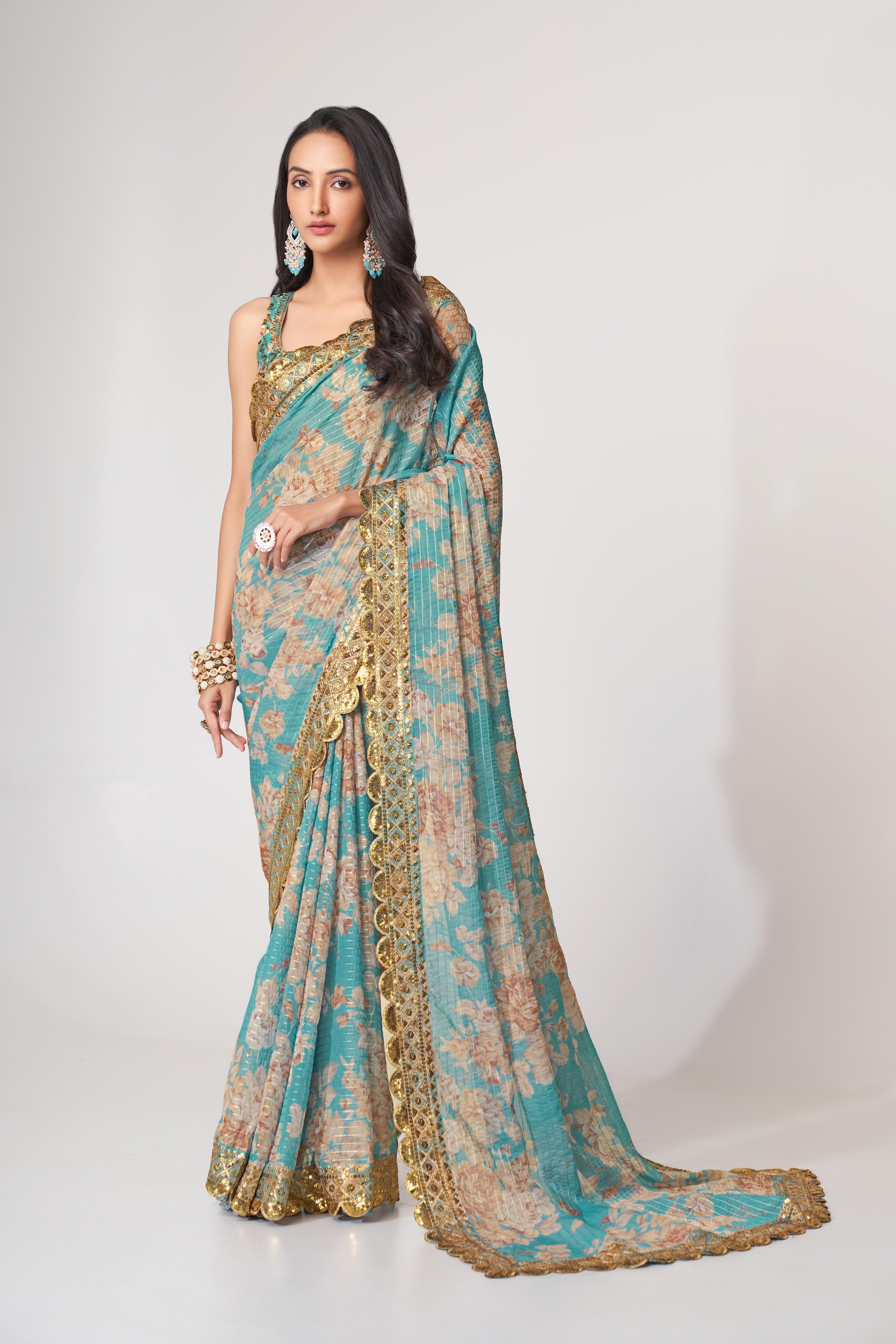 Sky Blue Sequins Embroidered Organza Saree: Perfect for Parties & Weddings!