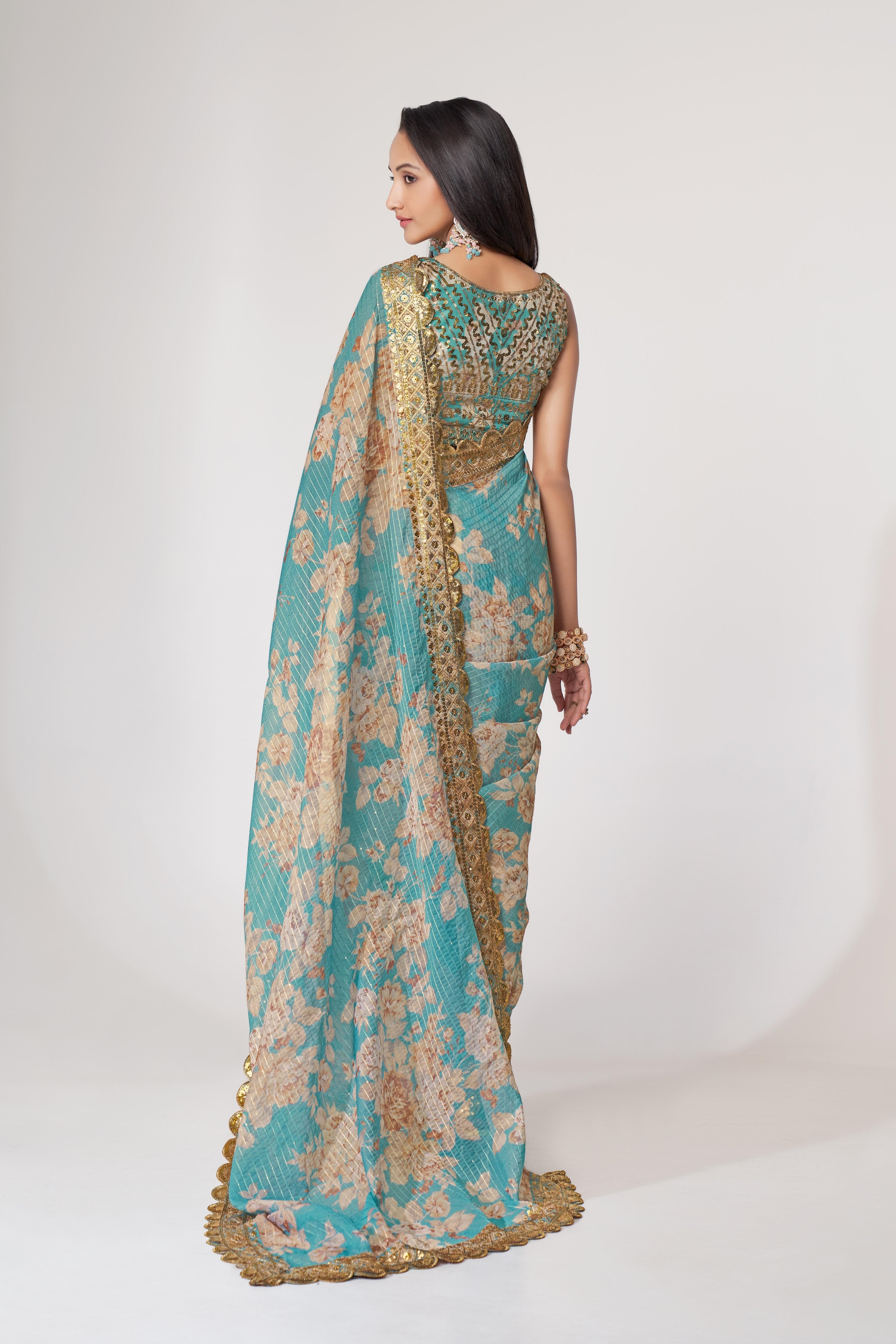 Sky Blue Sequins Embroidered Organza Saree: Perfect for Parties & Weddings!