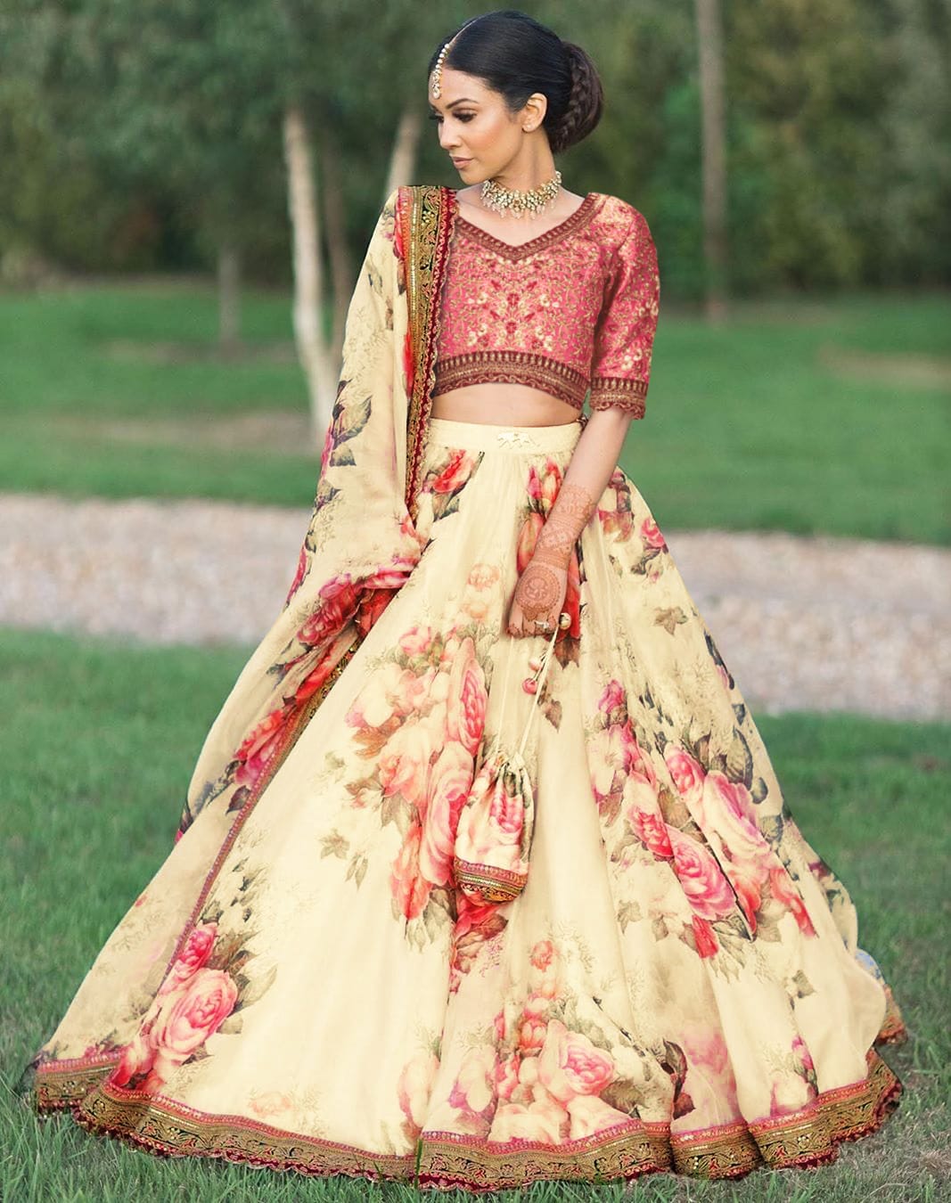 Floral Printed Satin Lehenga In Hot Pink – Tirumala Designers