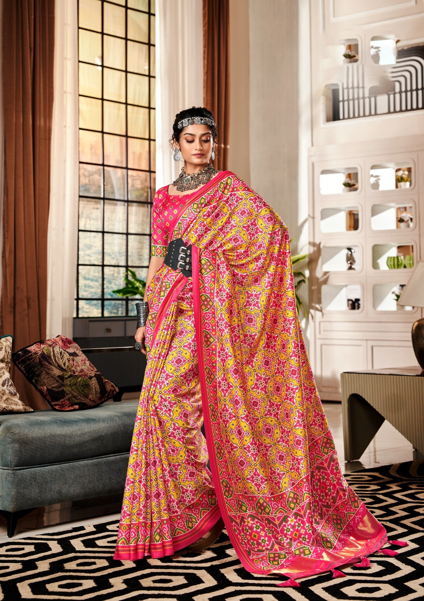 Pink Tusser Patola Saree: Elegant Party & Wedding Wear with Patola Print