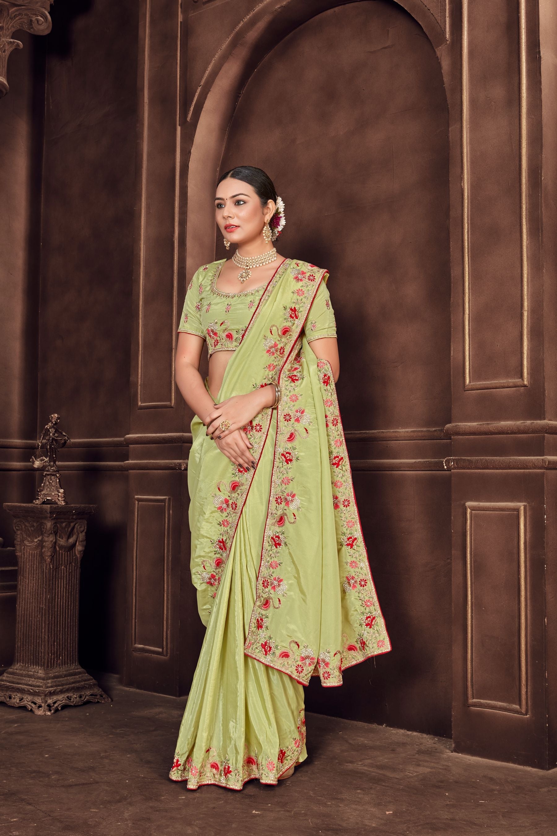 Ethereal Pista Delight: The Perfect Light Silk Saree for Weddings and Parties