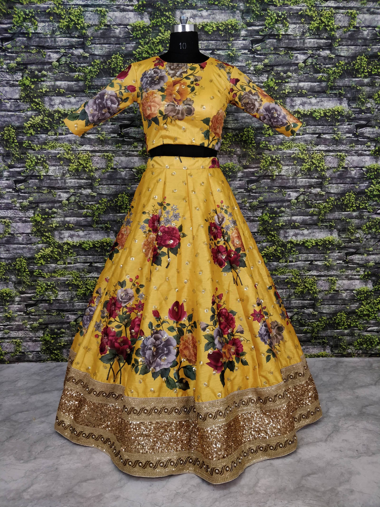 Elegant Yellow Digital Print Lehenga Choli with Sequins and Pearl Embellishments