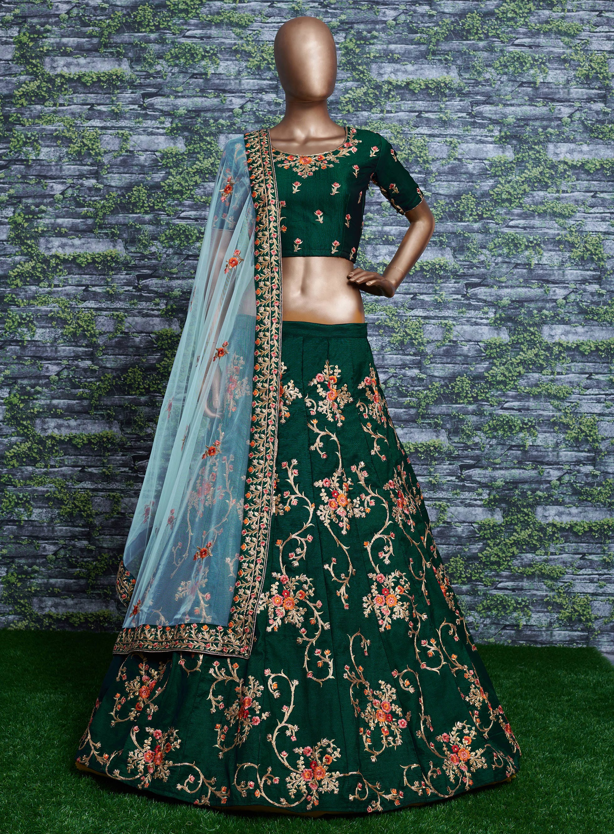 Enchanting Green Taffeta Silk Lehenga Choli with Dori, Zari, Sequins, and Diamond Embroidery