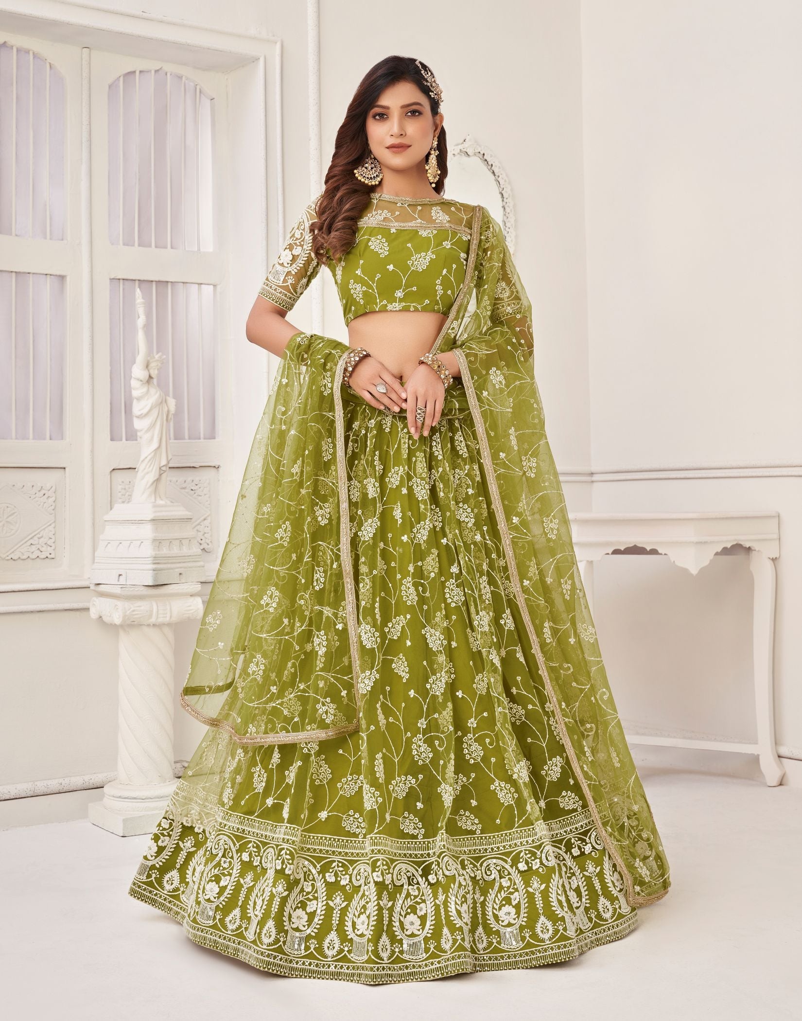 Enchanting Green Lehenga Choli: Exquisite Designer Thread, Mirror, and Sequin Embroidery for Party & Wedding Wear