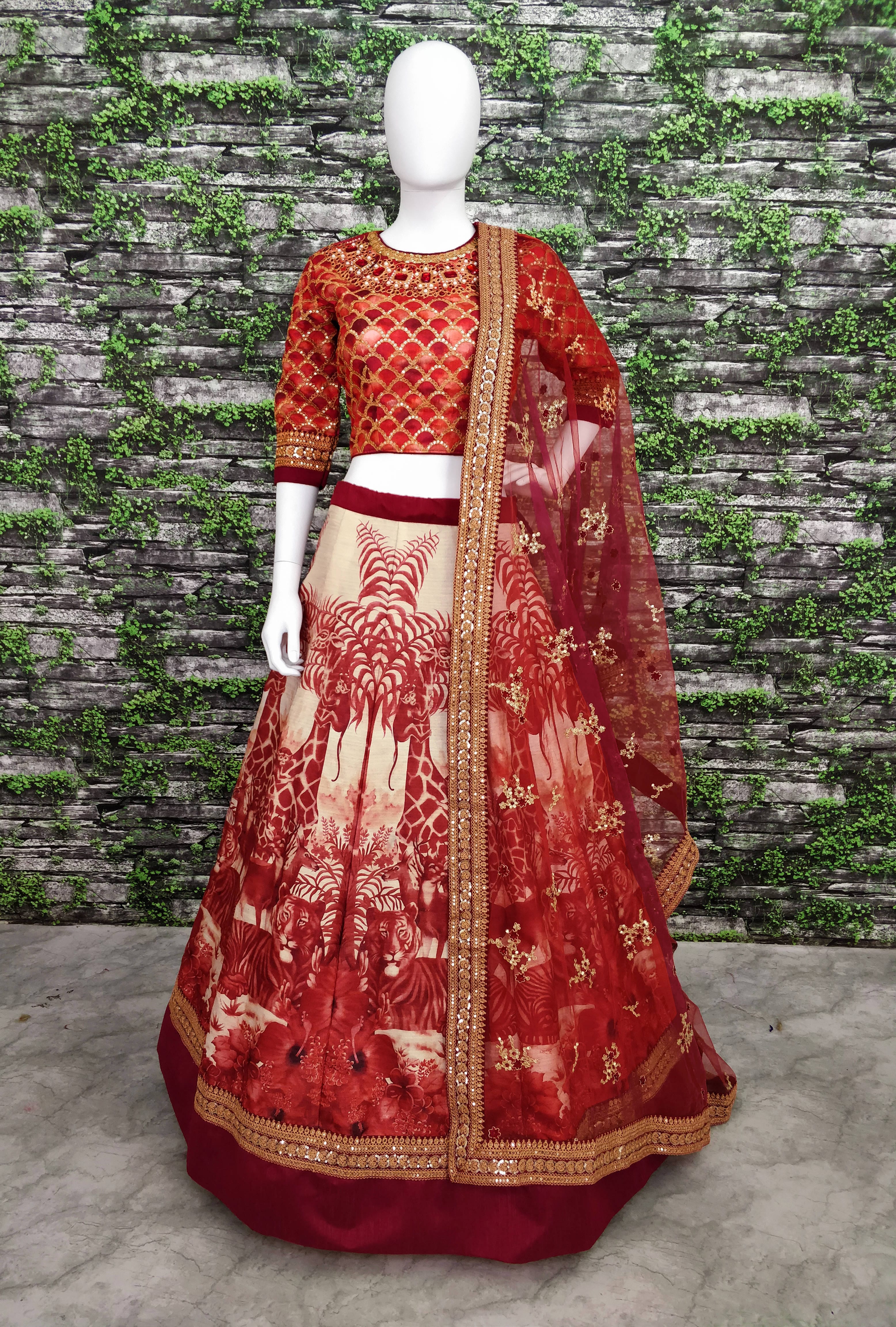 Elegant Red Chennai Silk Lehenga Choli with Exquisite Print, Stones, and Embroidery