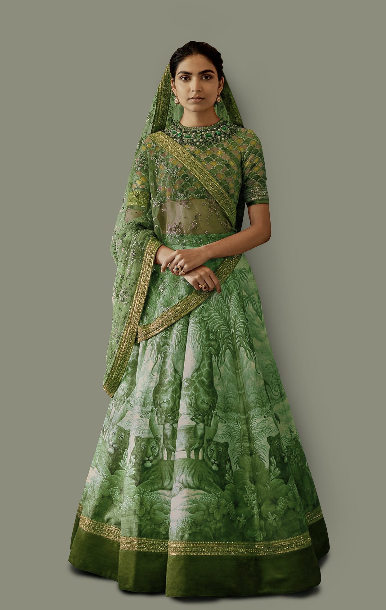 Enchanting Green Chennai Silk Lehenga Choli with Print, Stone, and Embroidery